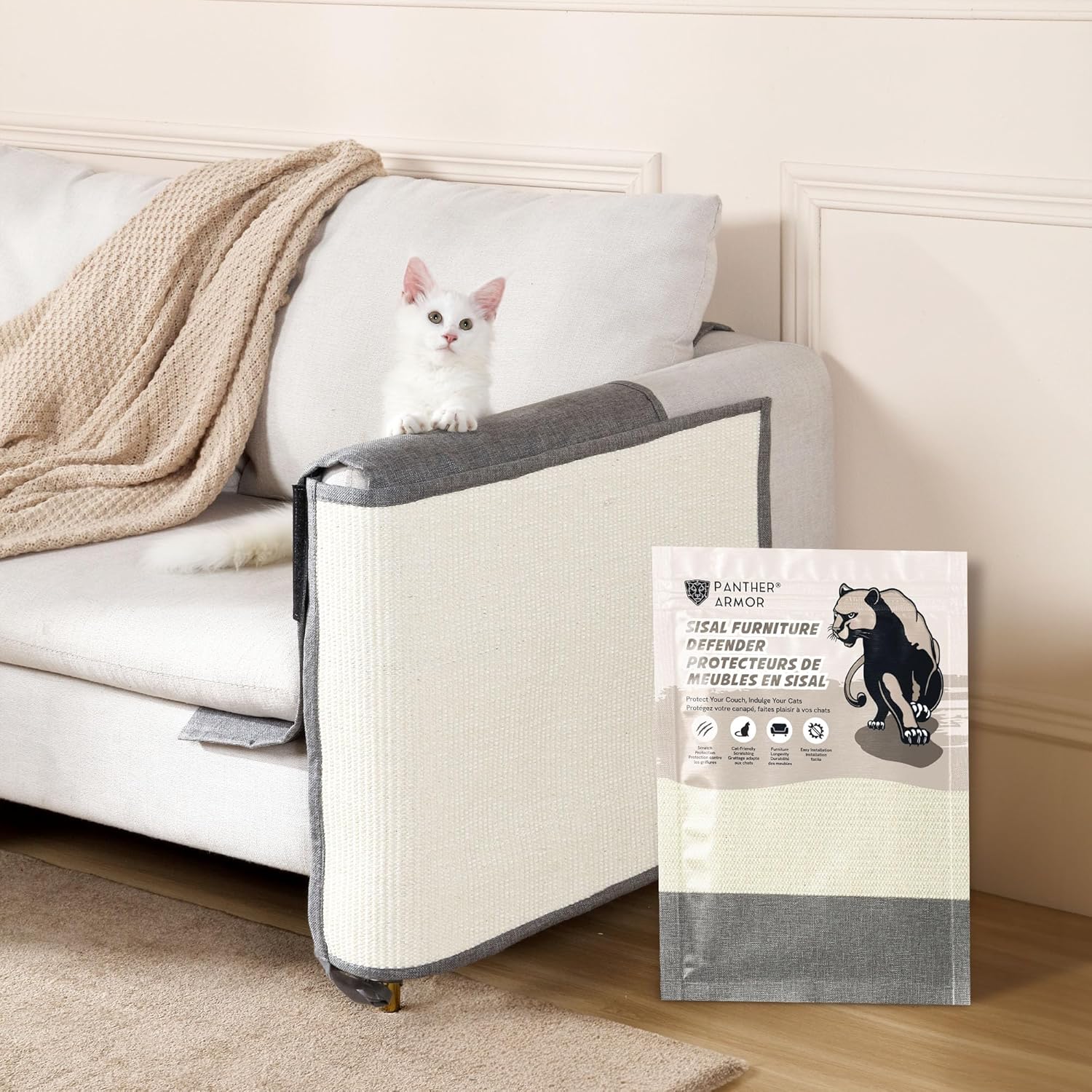 Panther Armor Protectores de muebles de sisal, rascador de esquina para gatos brazo de sofá gris derecho evita que los gatos arañen muebles, poste