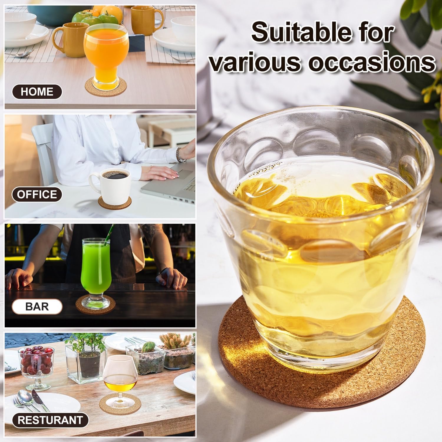 Posavasos de corcho para bebidas, 40 posavasos reutilizables de borde redondo a granel, 3.5 pulgadas de grosor, absorbentes, resistentes al calor,