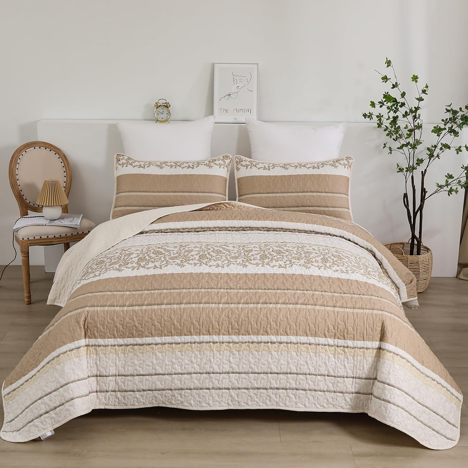 Juego de edredón marrón tamaño Queen, colcha reversible de 3 piezas de cachemira caqui, funda de cama de microfibra suave para todas las estaciones