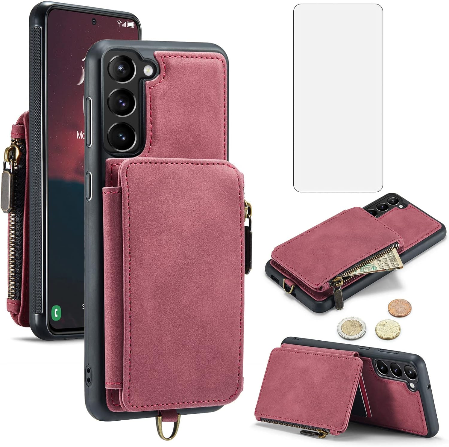 Asuwish Funda de teléfono para Samsung Galaxy S23 5G Funda tipo cartera con protector de pantalla de vidrio templado y cremallera RFID Bloqueo