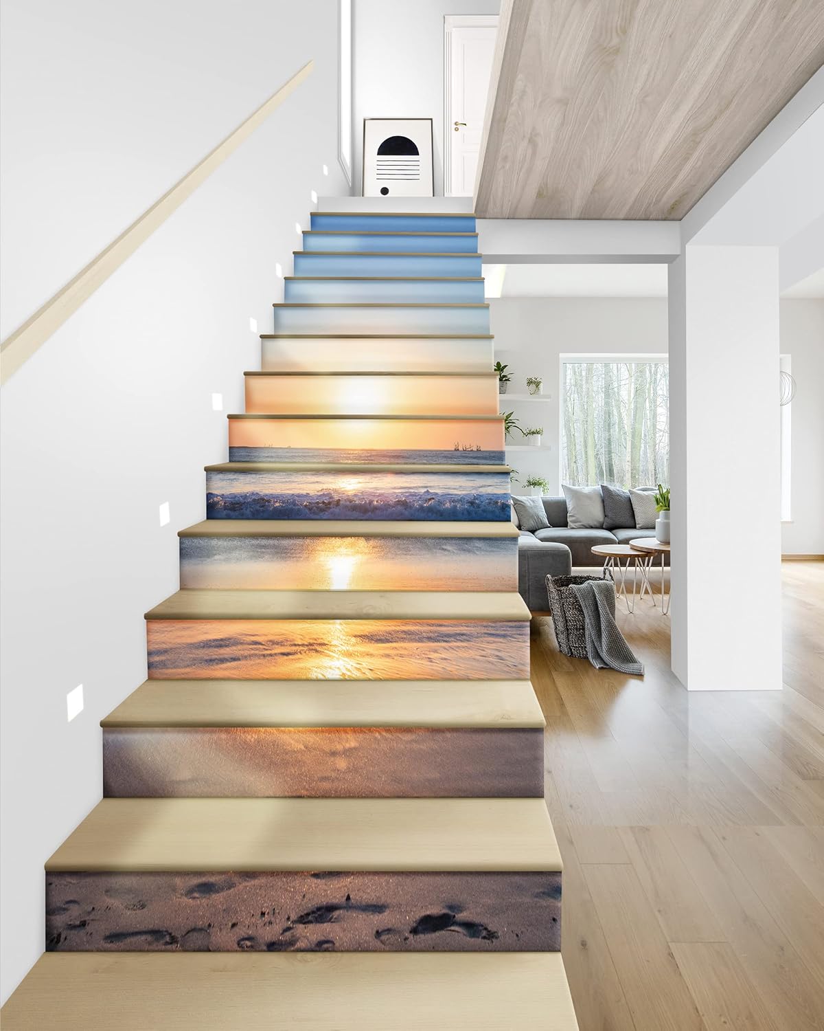 FLFK Sunrise Beach – Juego de 15 calcomanías para escaleras, despegar y pegar, 39.3 x 7.08 pulgadas