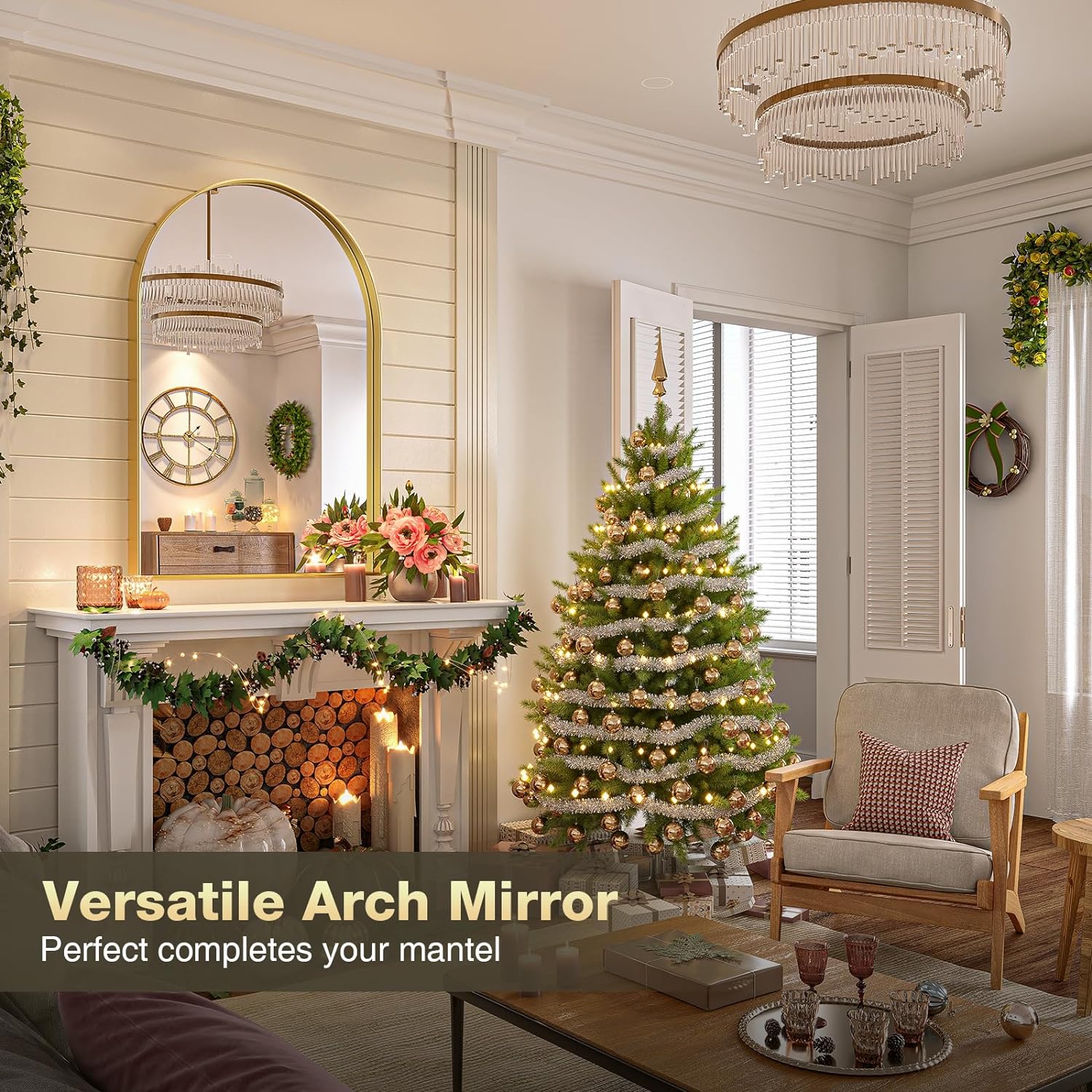 Brightify Espejo arqueado, espejo de pared arqueado, 23.9 x 31.9 pulgadas, espejo de arco dorado con marco de metal, espejo de baño con parte