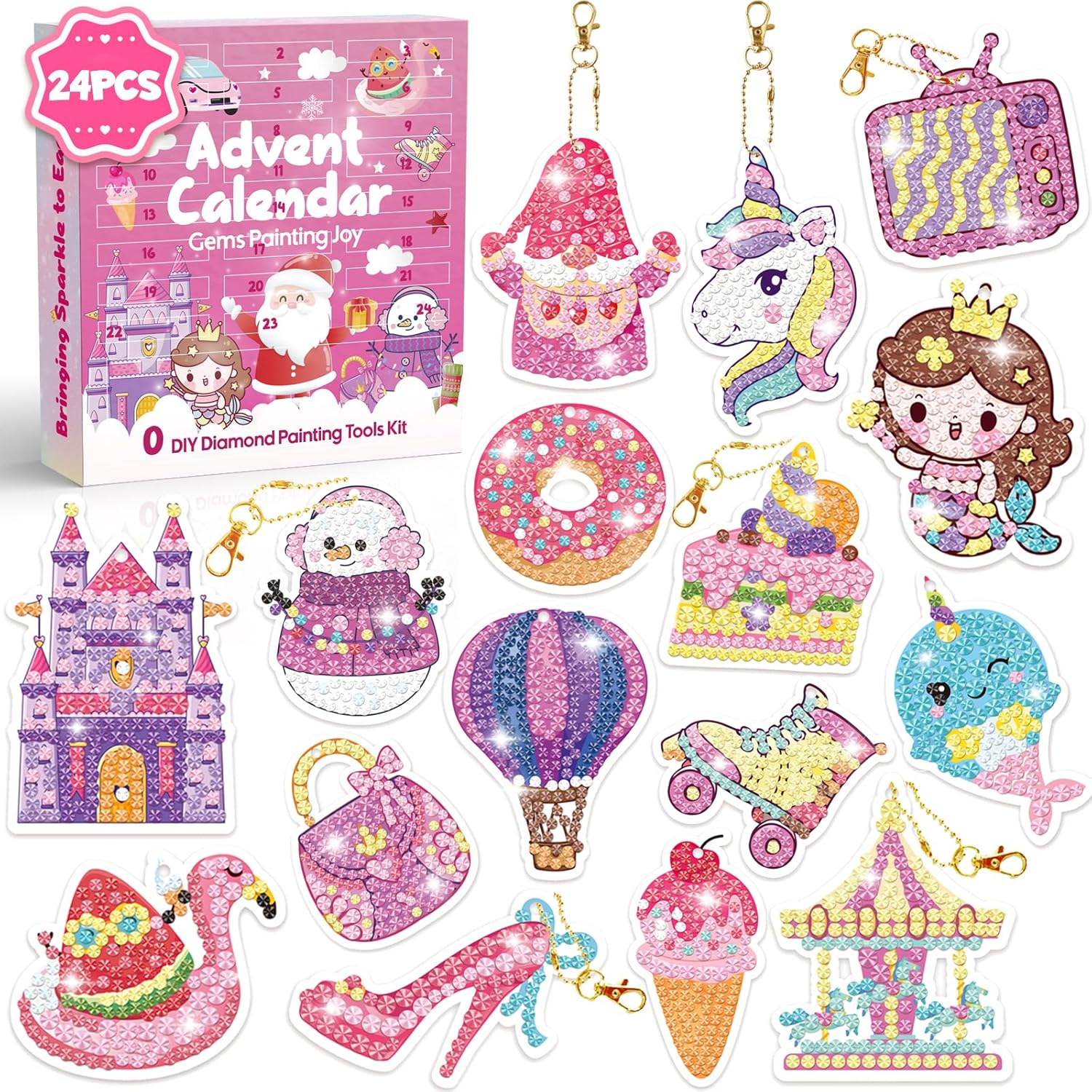 Llavero de pintura de diamantes DIY Calendario de Adviento para niñas de 4 a 12 años, regalos de manualidades de Navidad