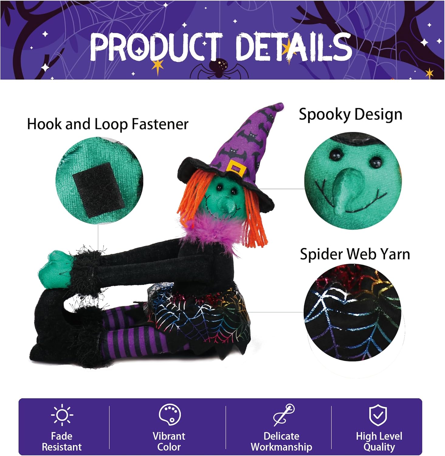 Decoración para árbol de bruja de Halloween, decoración aterradora de Halloween para árbol de Navidad, corbata de cortina de Halloween y botella de