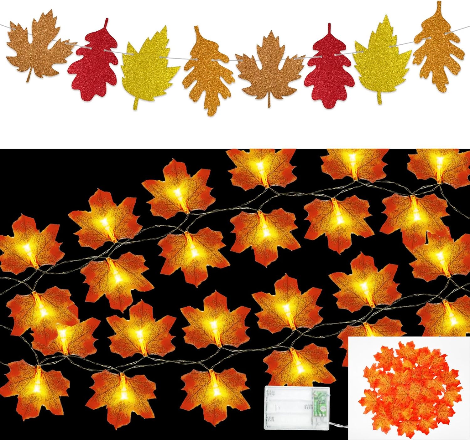 Decoraciones de otoño, guirnalda de oropel con purpurina de 33 pies y 40 luces LED de hojas de arce, hojas de arce artificiales para bodas,