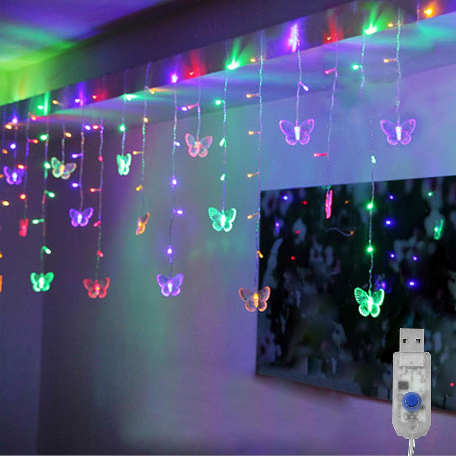 Decorman Luces de cortina de mariposa, 4.9 pies, 48 luces LED USB para ventana, 10 mariposas, 8 modos, luciérnaga, tira de luces parpadeantes para