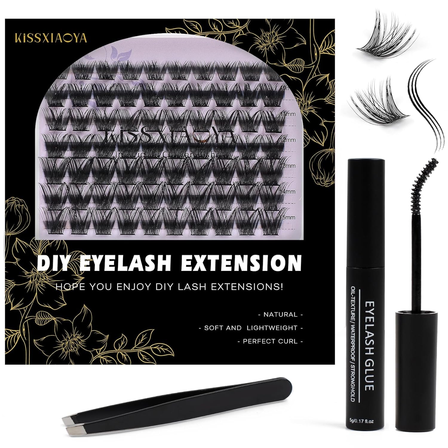 KISSXIAOYA Kit de extensiones de pestañas en racimo, kit de extensión de pestañas con unión de pestañas, sello y aplicador (mezcla de 0.354-0.591