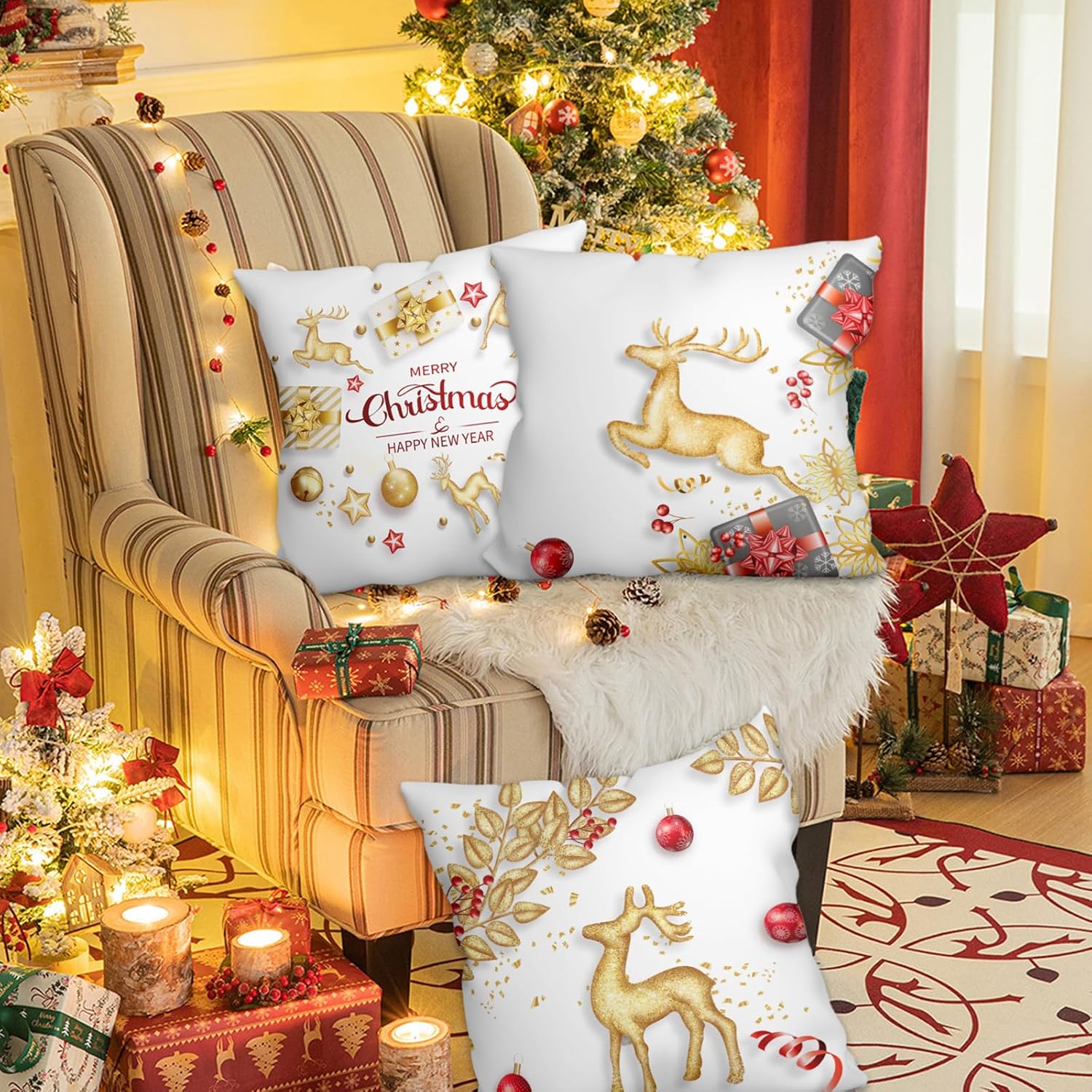 WSZBDY Juego de 4 fundas de almohada de Navidad, copos de nieve de oro blanco, decoración de Navidad, renos, 18 x 18 pulgadas, juego de 4 adornos de