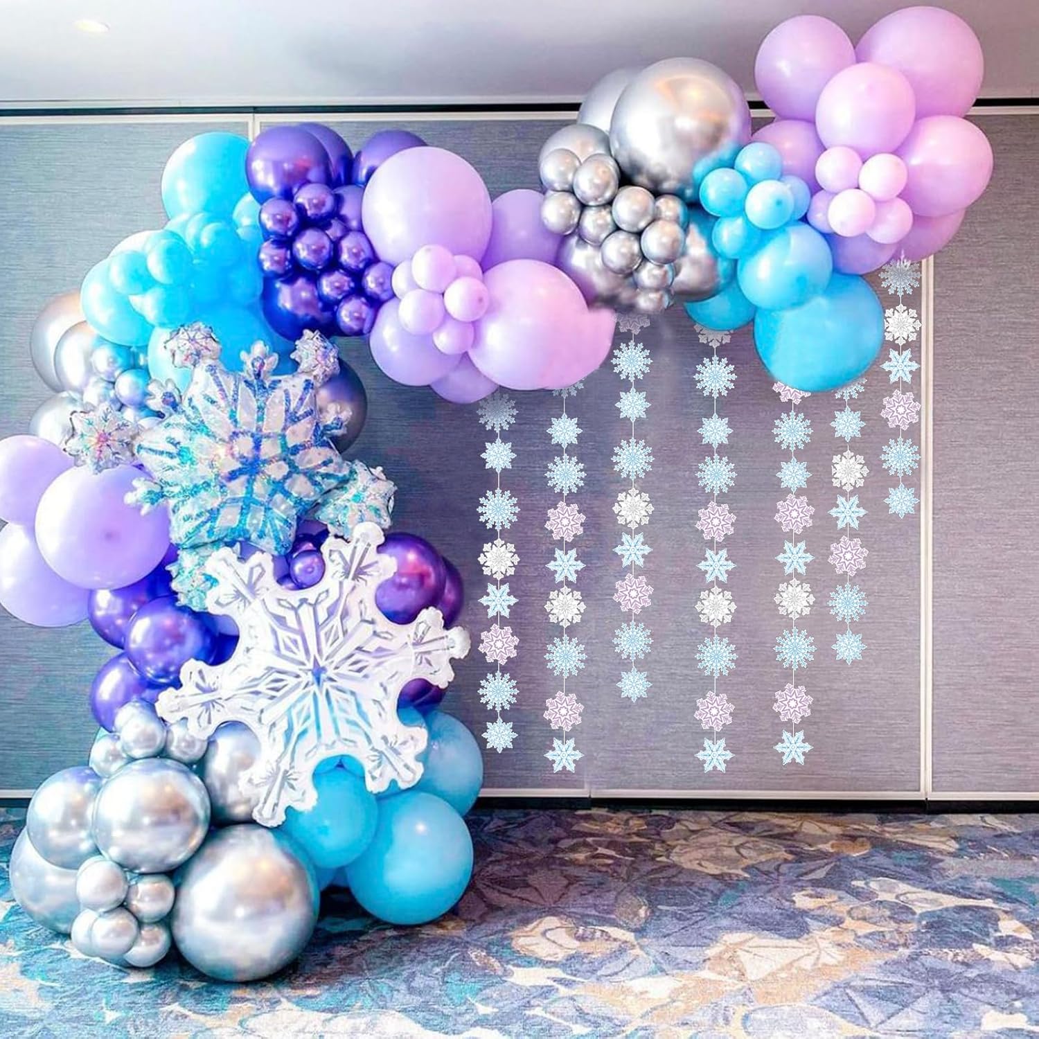 Decoraciones de copo de nieve de invierno para colgar en invierno, decoración de fiesta de cumpleaños, guirnalda de copos de nieve púrpura azul para