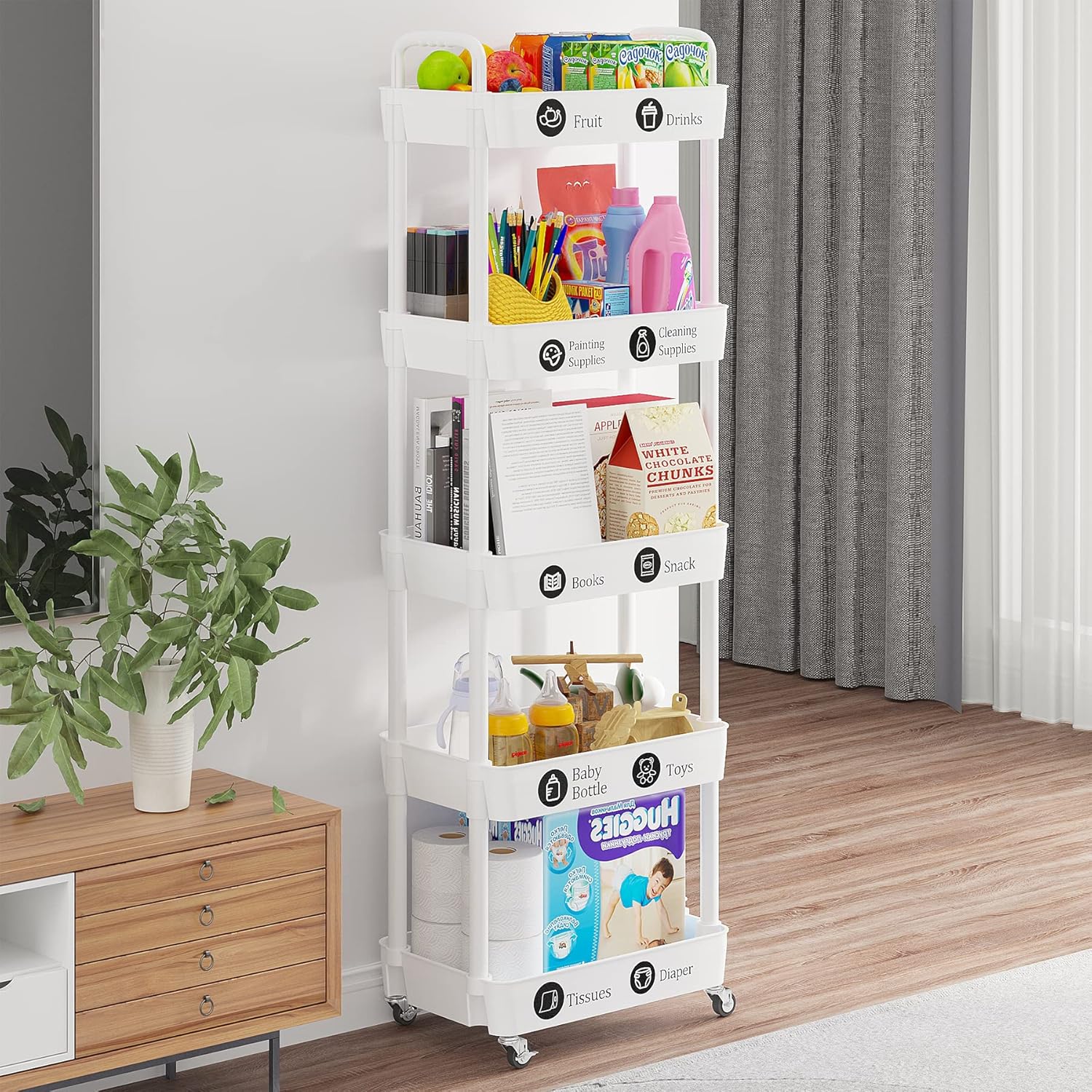 Carrito de almacenamiento de 5 niveles, carrito multifuncional con ruedas para baño, lavandería, con calcomanías clasificadas, color blanco