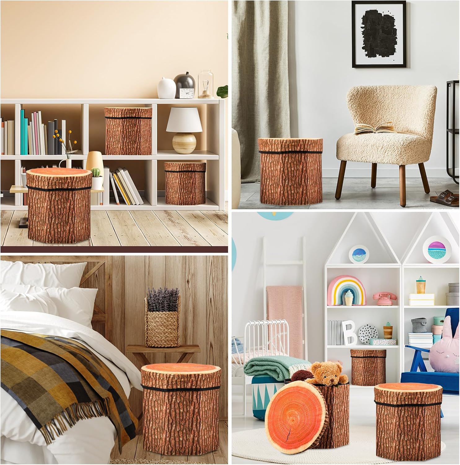 Amylove Paquete de 6 taburetes de almacenamiento de tocones de árbol, otomana de almacenamiento de 12 x 12 pulgadas, bonita caja de juguetes