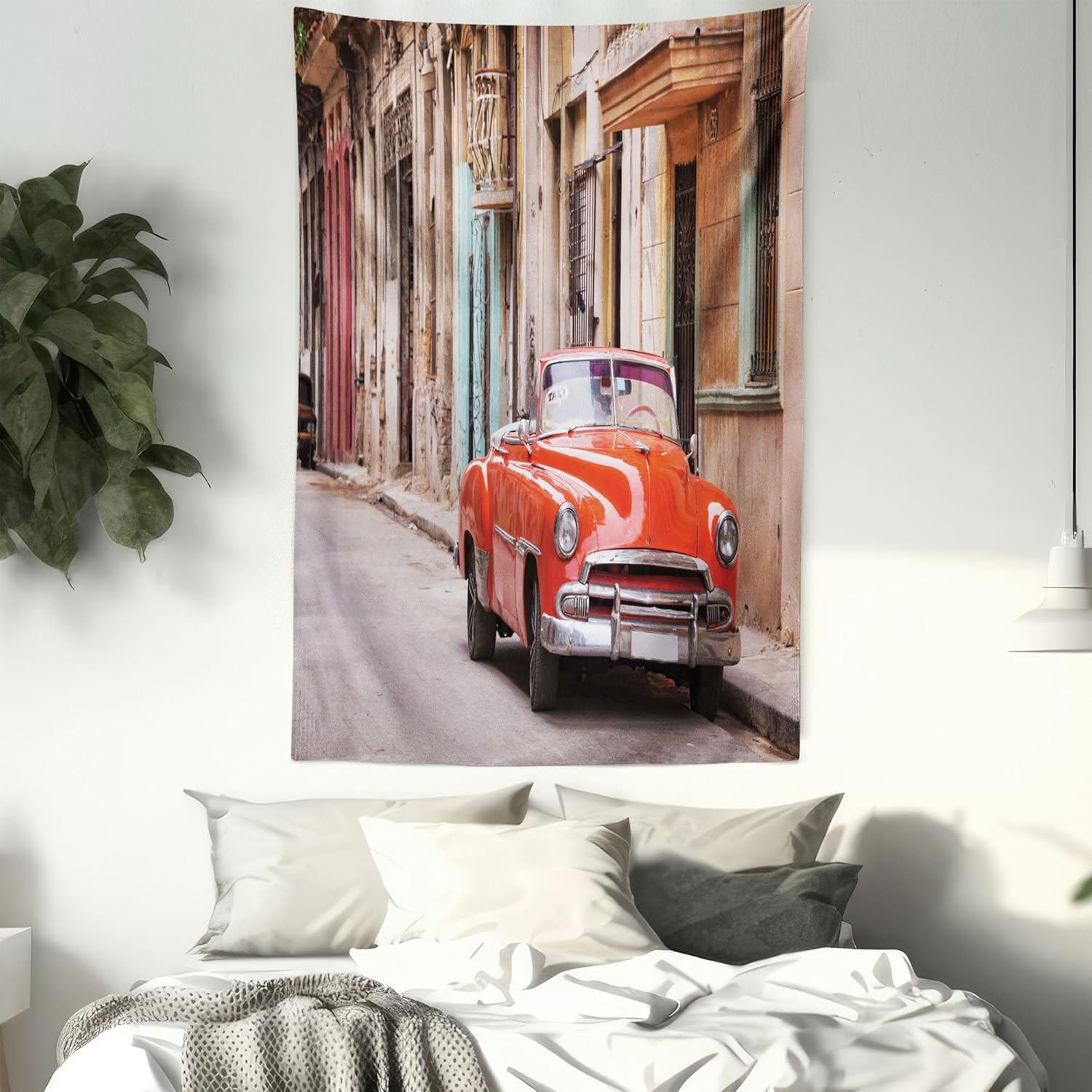 Ambesonne Tapiz de autos, auto americano clásico en una calle con casas Caribbean Havana Cuba, colgante de pared para dormitorio, sala de estar,