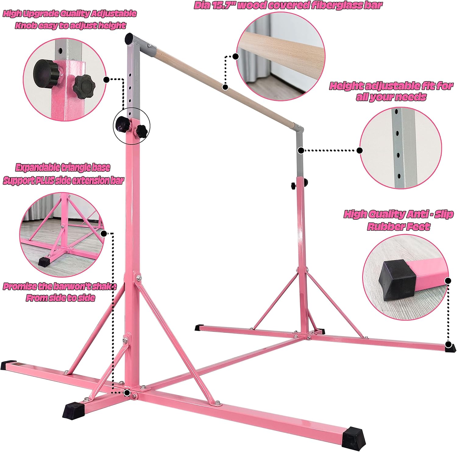 Barra de gimnasia para niños de 5 a 20 años, altura de la barra de entrenamiento de gimnasia de 35.4 a 59 pulgadas, 45 a 71 pulgadas, longitud de la
