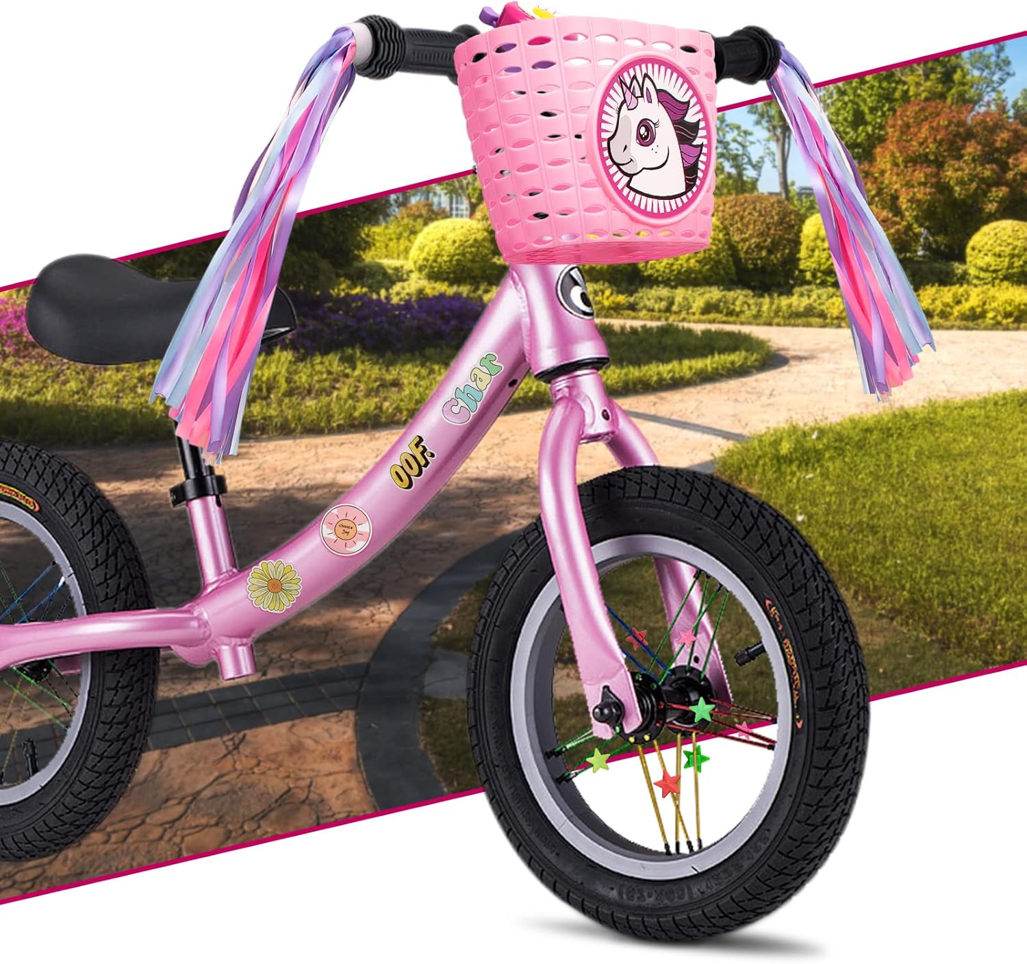 Cesta de bicicleta para niñas, cesta de bicicleta para manillar con pulsera de unicornio, campana, serpentinas, calcomanías, gafas de sol para