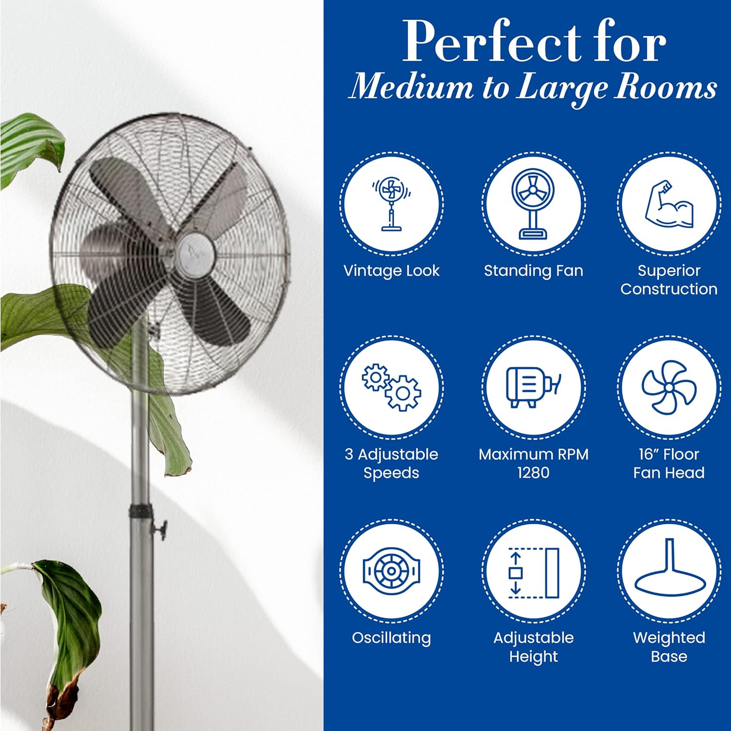 DecoBREEZE Ventilador de pie de pedestal, ventilador oscilante de 3 velocidades para interiores con altura ajustable, inoxidable, ventilador retro,