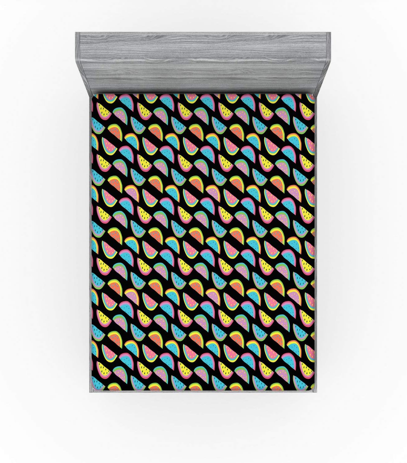 Ambesonne Sábana bajera ajustable loca, patrón abstracto de sandía con ilustración de estilo psicodélico de frutas exóticas, funda de cama con