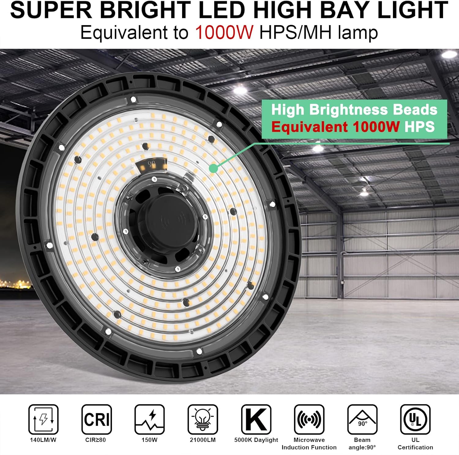 UFO – Luz LED de alta bahía de 150 W, luces de techo LED de techo con sensor de movimiento, luces de tienda de luz diurna de 5000 K, superbrillantes