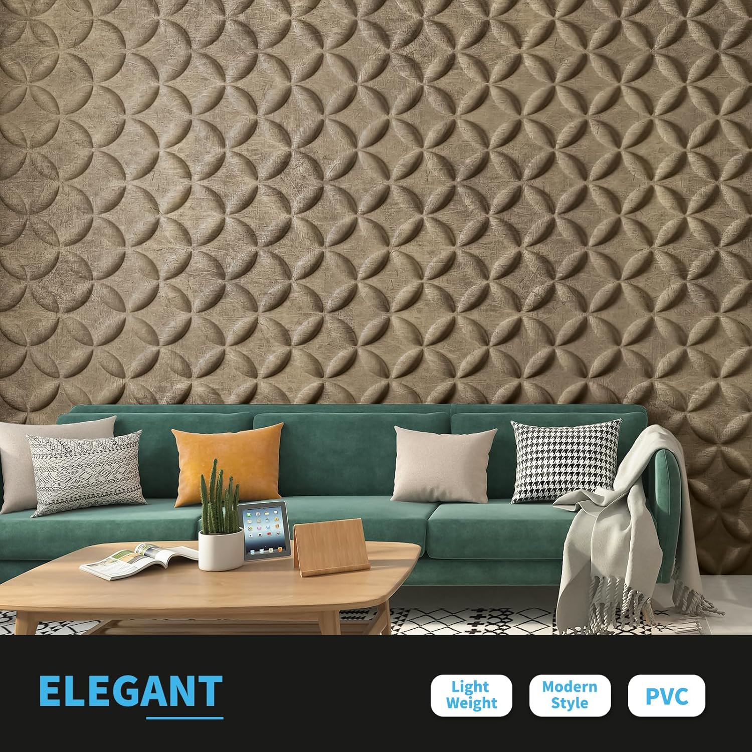 Art3d Paneles de pared 3D texturizados, paneles de pared de PVC para decoración de pared interior, paquete de 12 azulejos de 32 pies cuadrados, oro