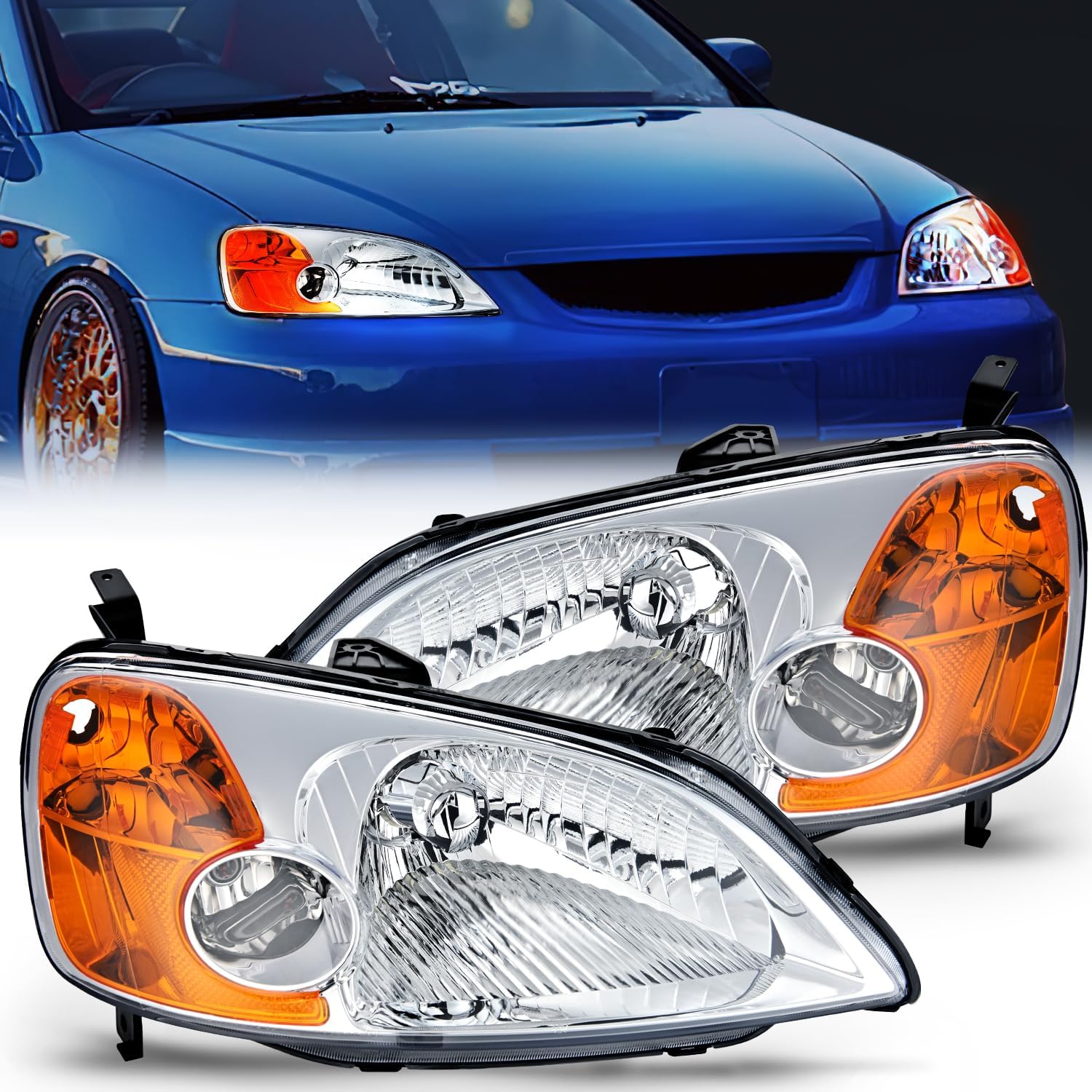 Nilight Conjunto de faros delanteros compatible con Honda Civic 2001 2002 2003, carcasa cromada, reflector ámbar, lente transparente mejorada, lado