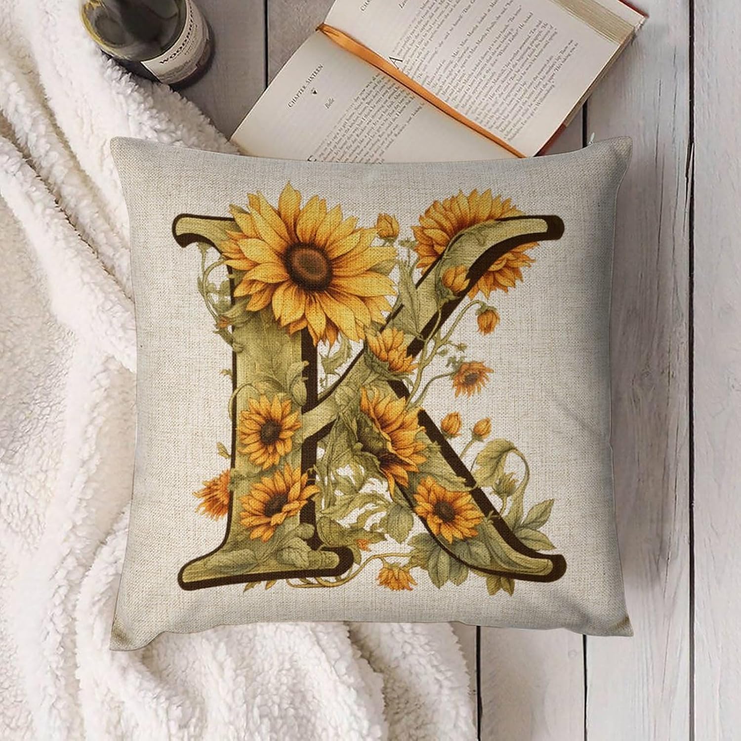 Fundas de almohada con monograma de girasol de verano con letra K, diseño floral con inicial de 18 x 18 pulgadas, para niñas, niños, hogar, granja,
