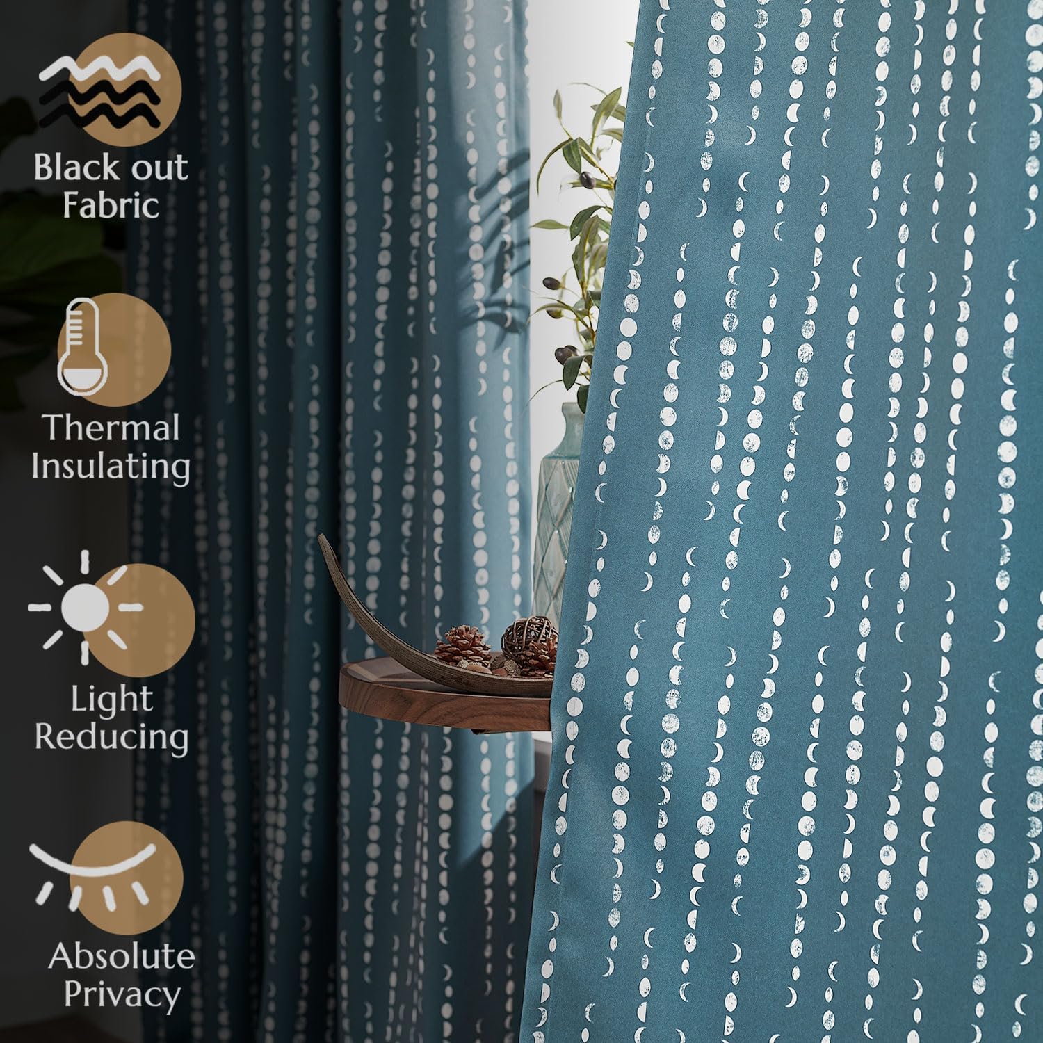jinchan Cortinas bohemias 100% opacas con estampado de fases lunares de 63 pulgadas de largo, cortinas azules con bolsillo para barra, pestañas