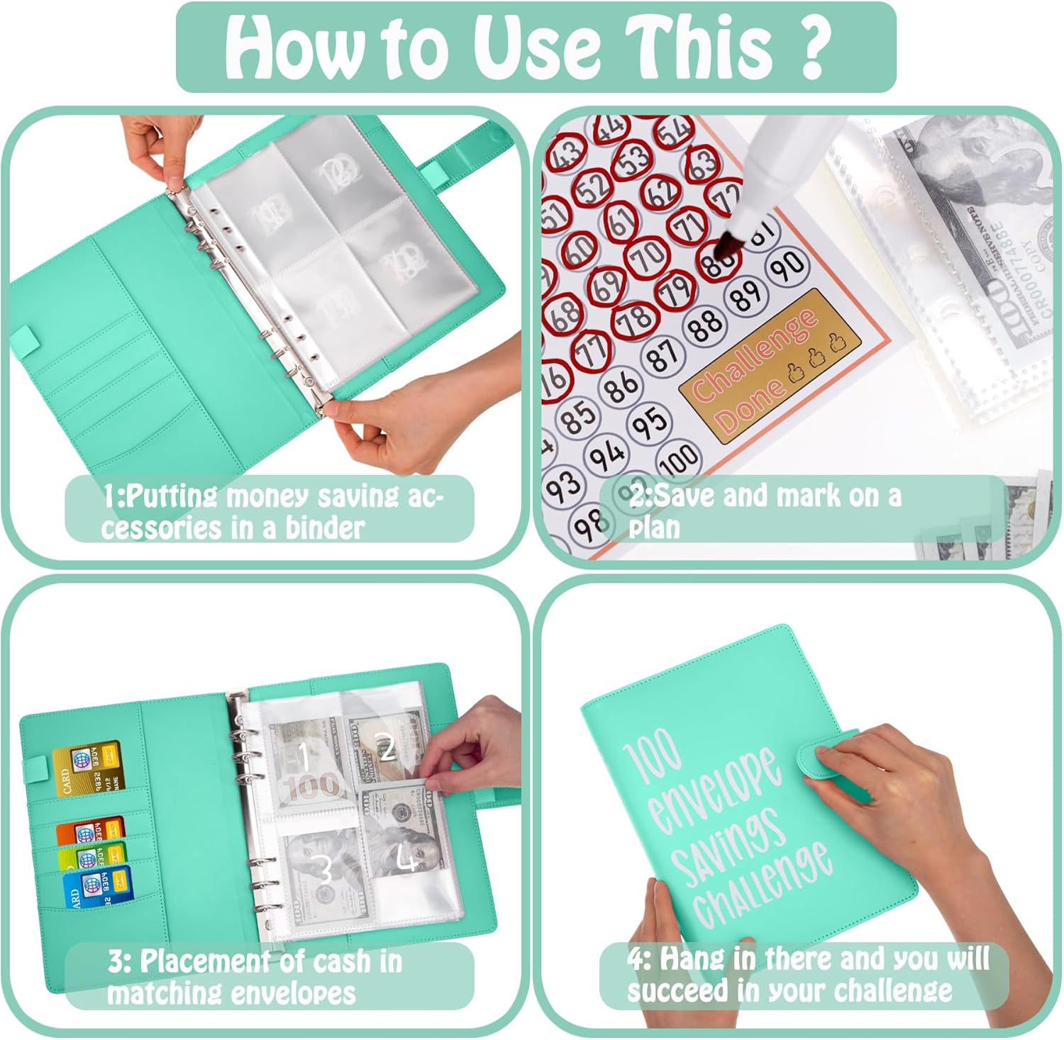 Carpeta de desafíos de ahorro de dinero con 100 sobres, carpeta de presupuesto A5 con sobres de efectivo, libro de desafíos de ahorro para ahorrar