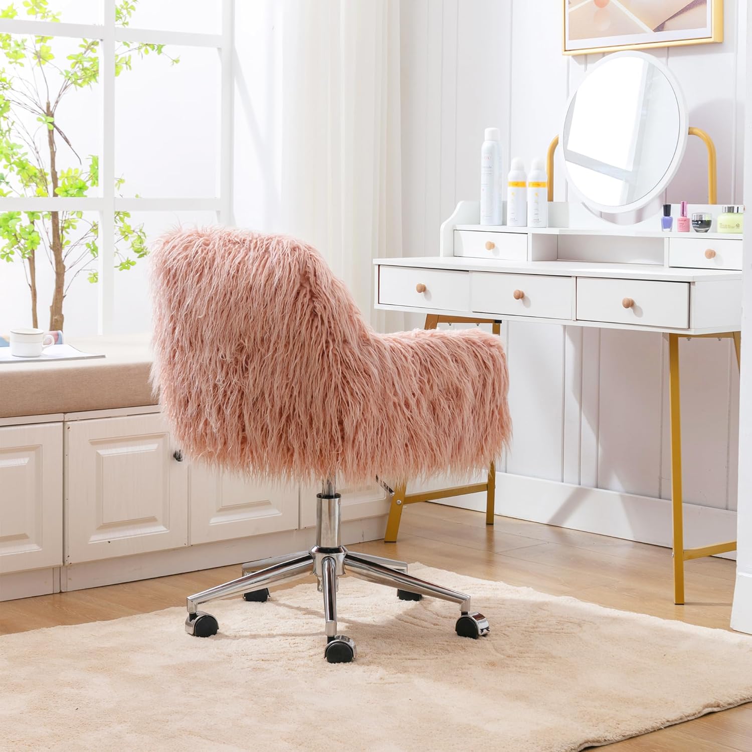 HomVent Silla de oficina moderna de piel sintética rosa, silla de tocador tapizada de piel sintética, silla de escritorio peluda con ruedas y base
