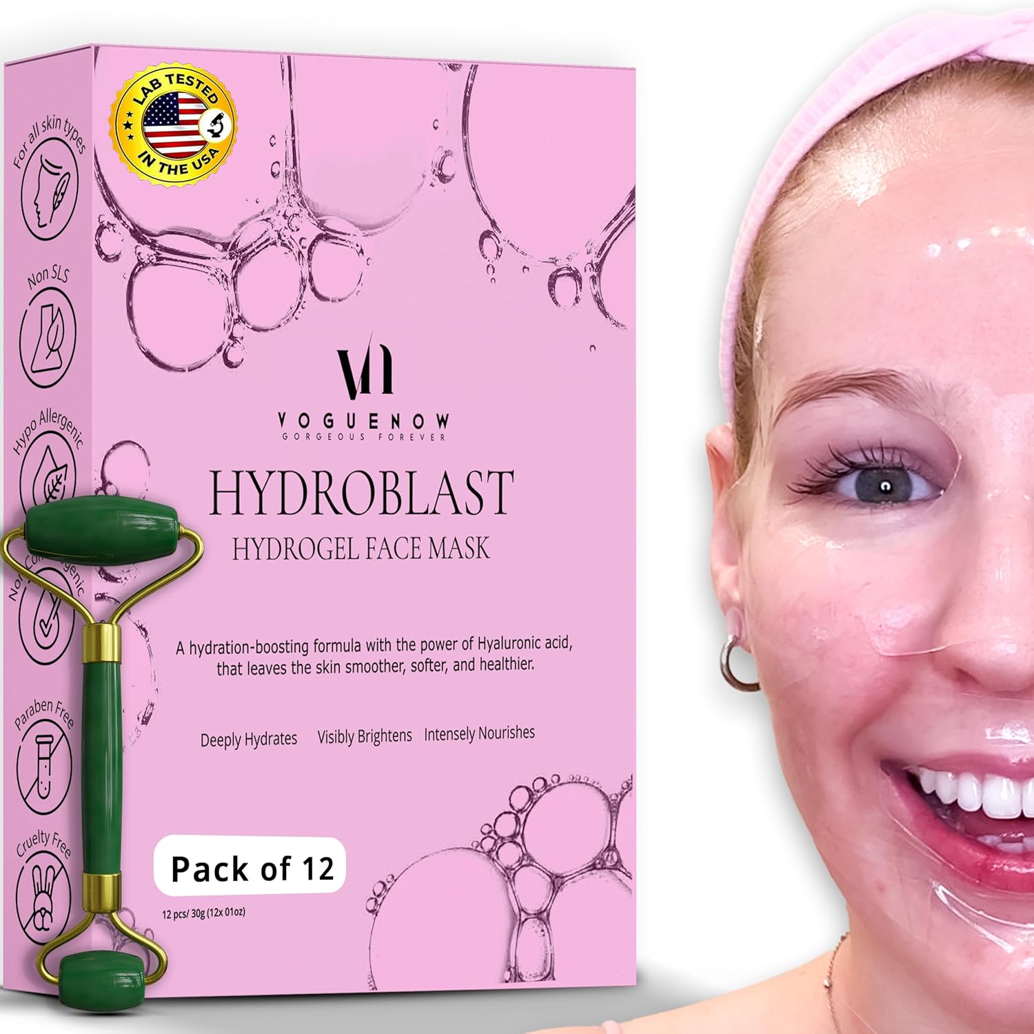 Máscara facial de hoja de hidrogel (juego de 12 piezas) con rodillo de jade de cortesía  Mascarillas hidratantes para el cuidado de la piel con