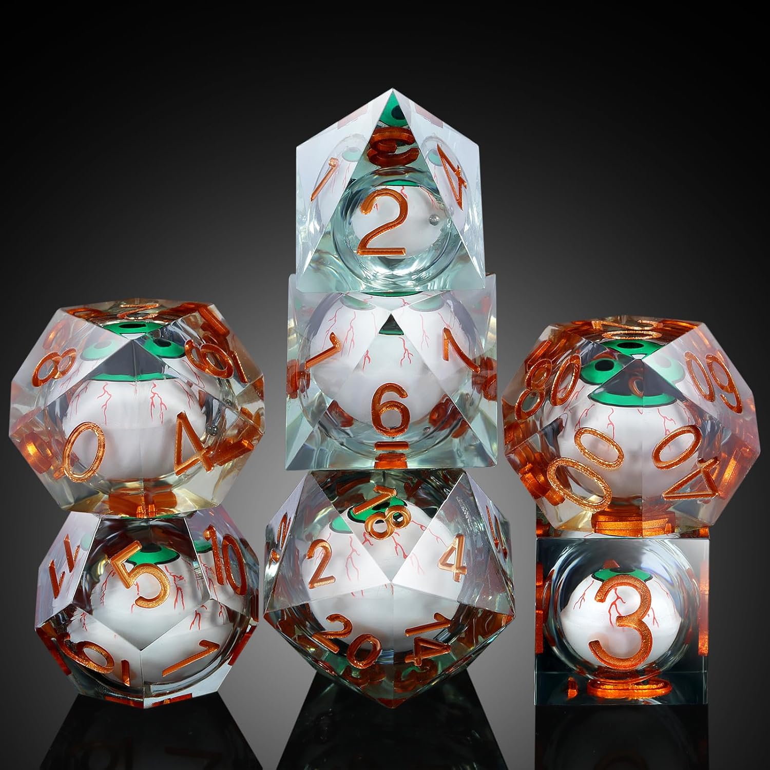 DNDND Dados DND de resina líquida con borde afilado y estuche de regalo para juego Dungeons and Dragon D&D (verde con globo ocular)