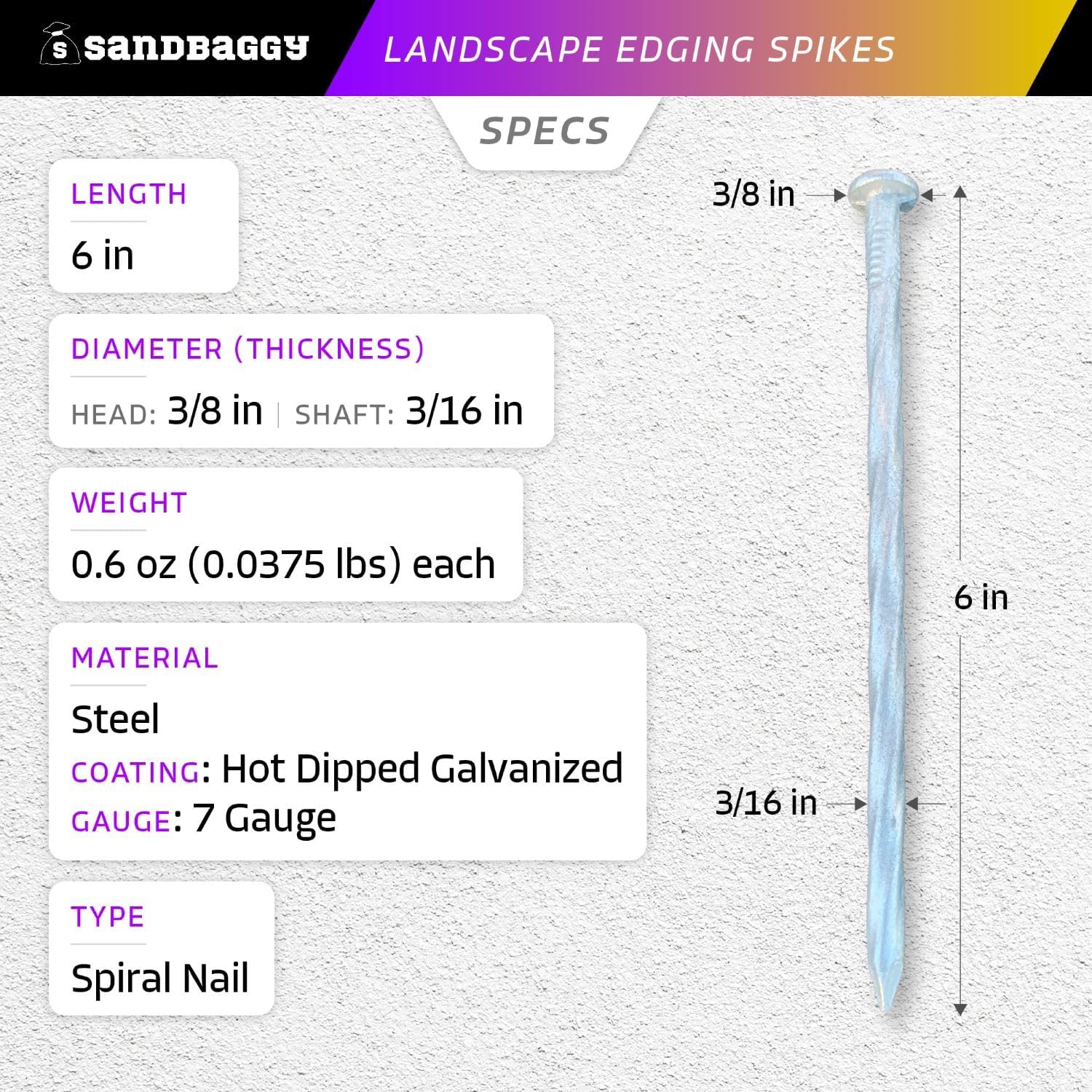 Sandbaggy Landsacpe galvanizado de 6 pulgadas, clavos de paisaje en espiral, acero de calibre 7, ideales para suelos rocosos duros, también ideales