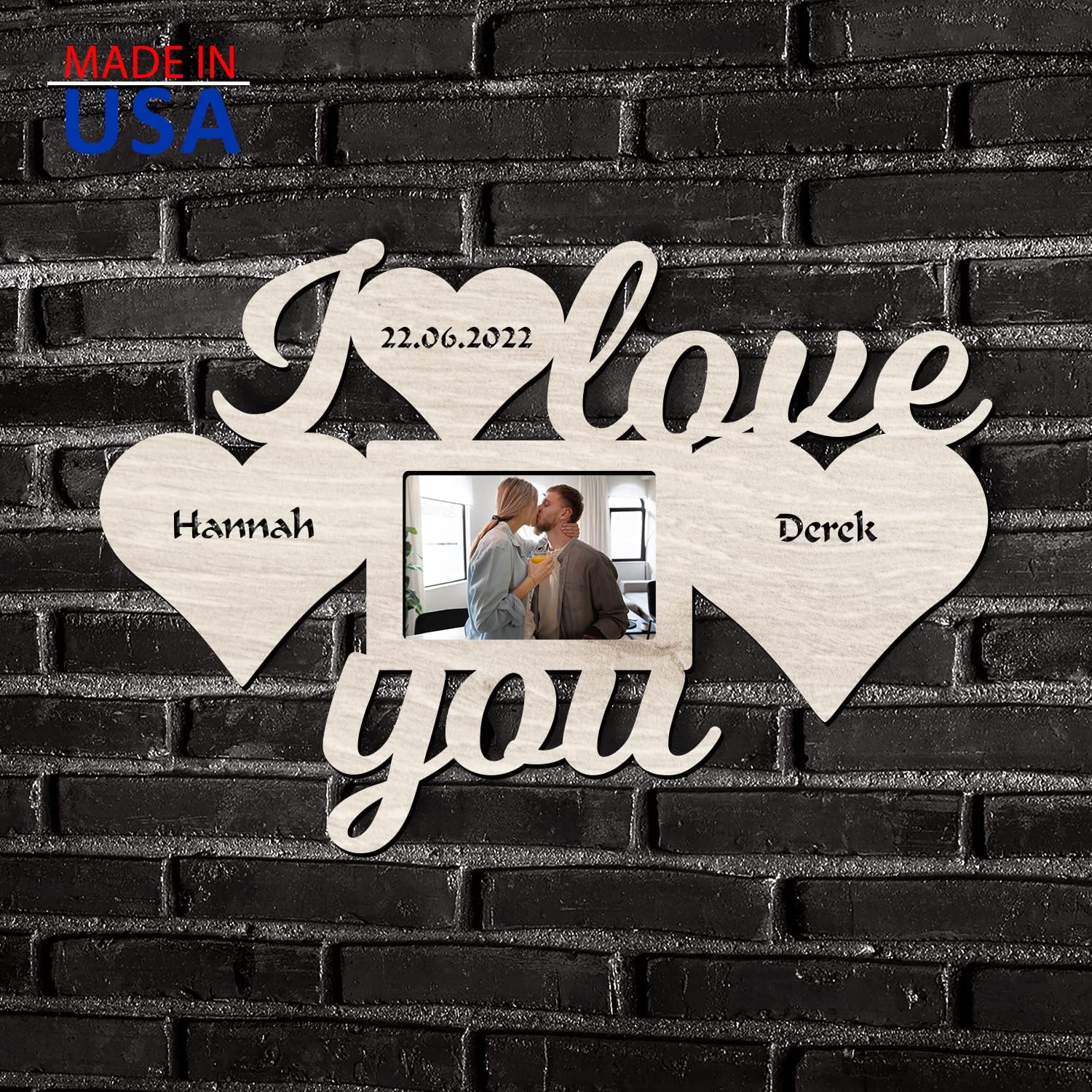 Marco de fotos personalizado con texto en inglés “I love you”, arte de madera con nombre personalizado, regalos para el día de San Valentín para él