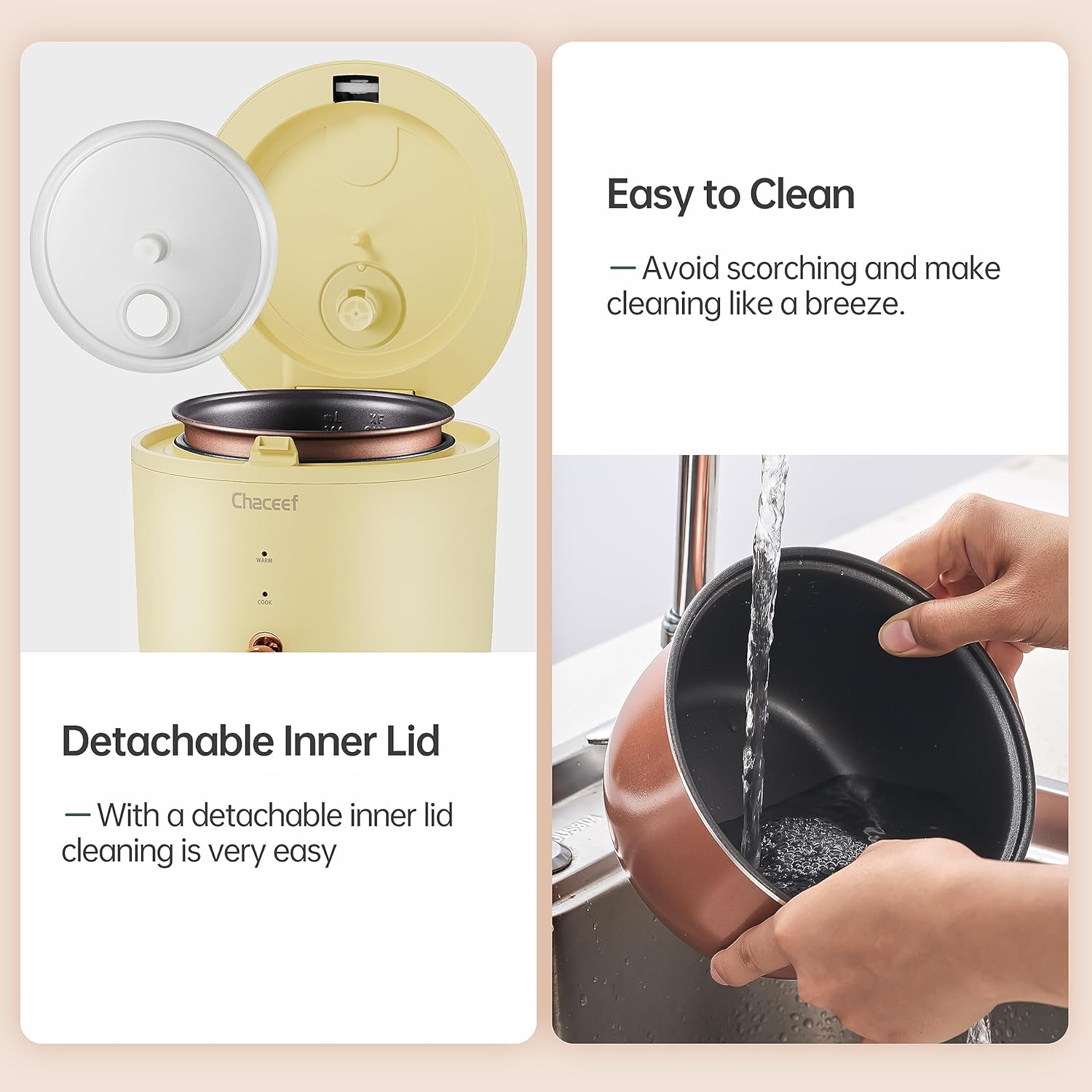 CHACEEF Mini olla arrocera de 2 tazas sin cocinar, olla arrocera de 1.2L pequeña con olla antiadherente, olla arrocera pequeña con función de un