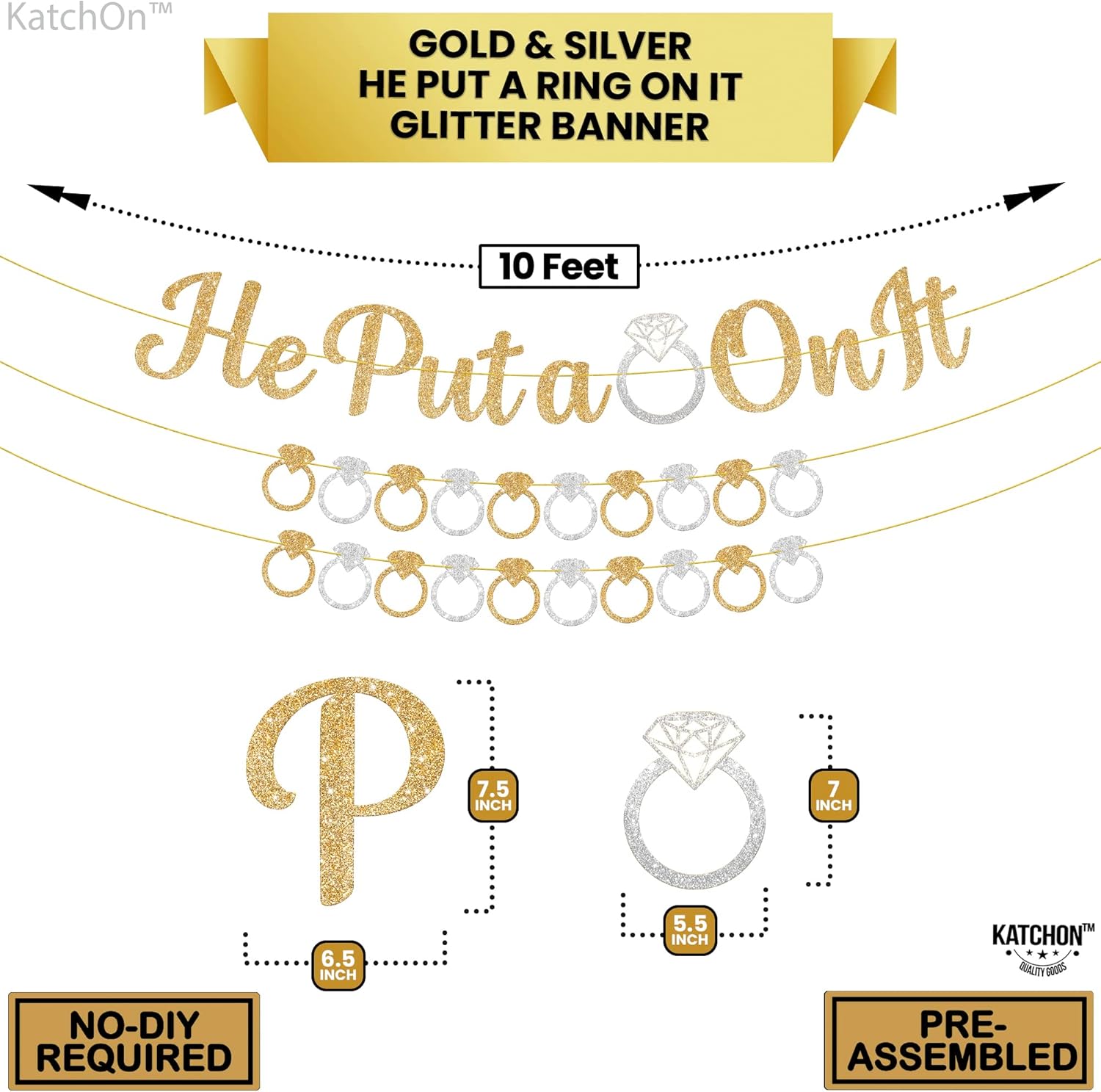 KatchOn, Cartel con purpurina, dorado, con el texto en inglés “He Put A Ring On It” con bonito globo de anillo de diamantes, paquete de 2 globos de