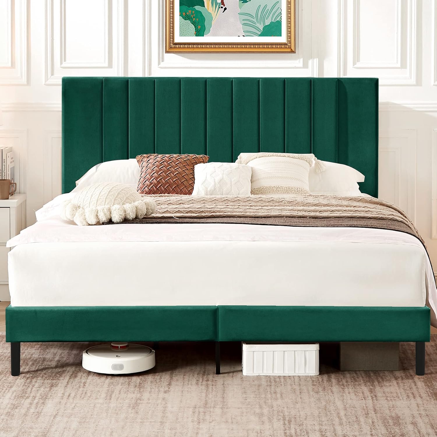 Flolinda Base de cama de plataforma tamaño King con cabecera tapizada de terciopelo y soporte de listones de madera, base de colchón totalmente