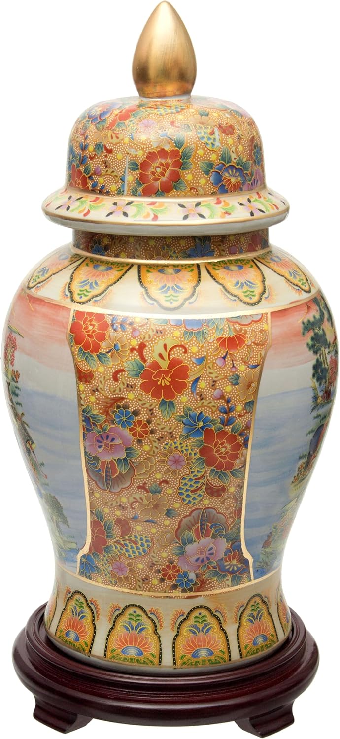 Red Lantern Tarro de templo de porcelana de caballo en prado de 18″