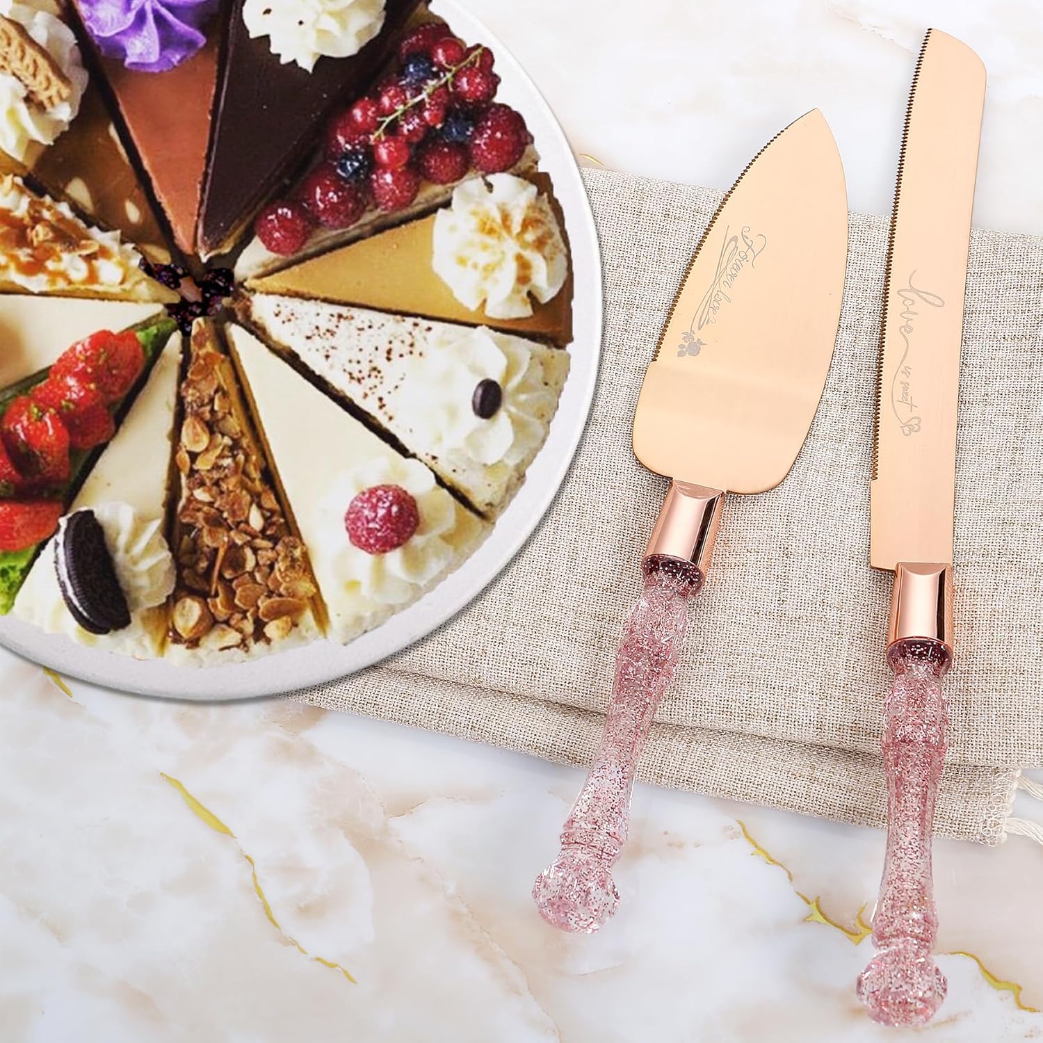 Juego de cuchillos y servidores para tartas de boda, juego de corte de pastel para boda, juego de cortador de pastel de oro rosa para pasteles de