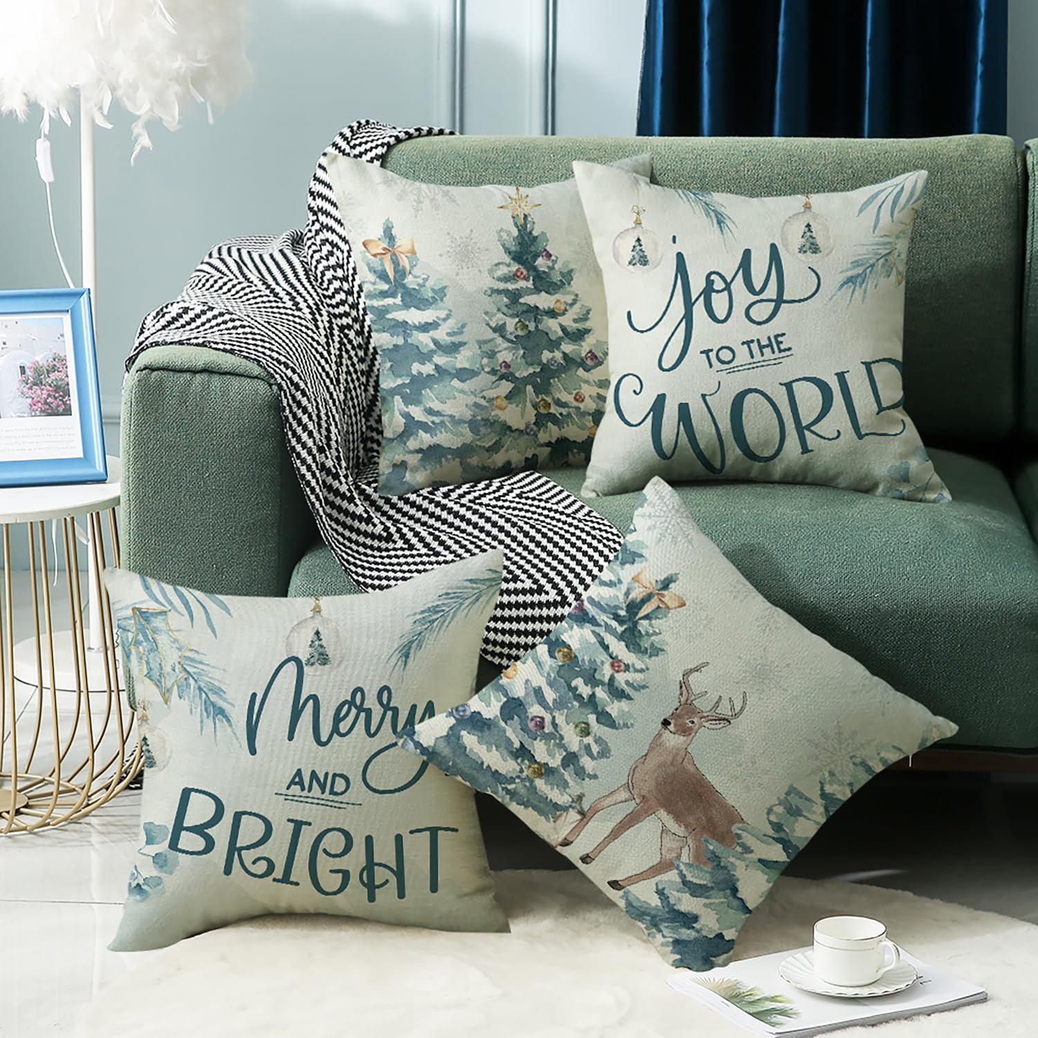 Juego de 4 fundas de almohada de Navidad de 18 x 18 pulgadas, decoración de Navidad, árbol de Navidad, renos, fundas de cojín de casa de campo para