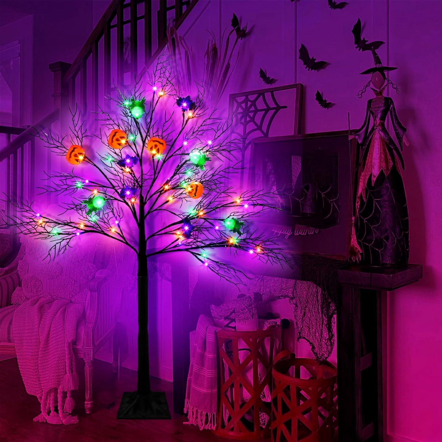 Decoración de árbol iluminado de Halloween de 4 pies, color naranja y morado con 8 modos, 56 LED con iluminación 3D, 12 calabazas, murciélagos y