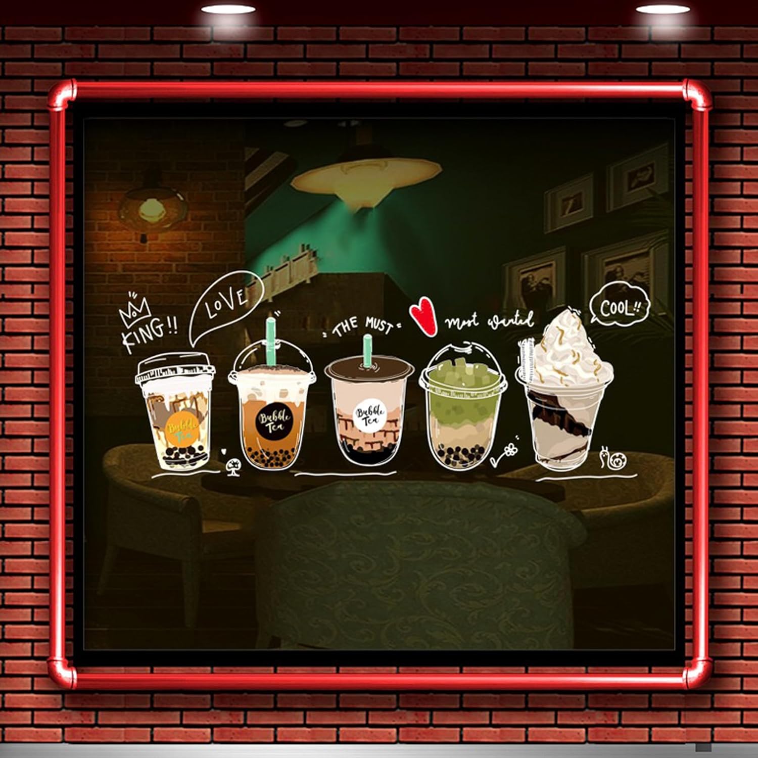 Boba Shop – Película decorativa de vidrio estática, no adhesiva, para té y café con burbujas (Boba Windown Adhesivo #A 47.5 pulgadas de ancho x 19
