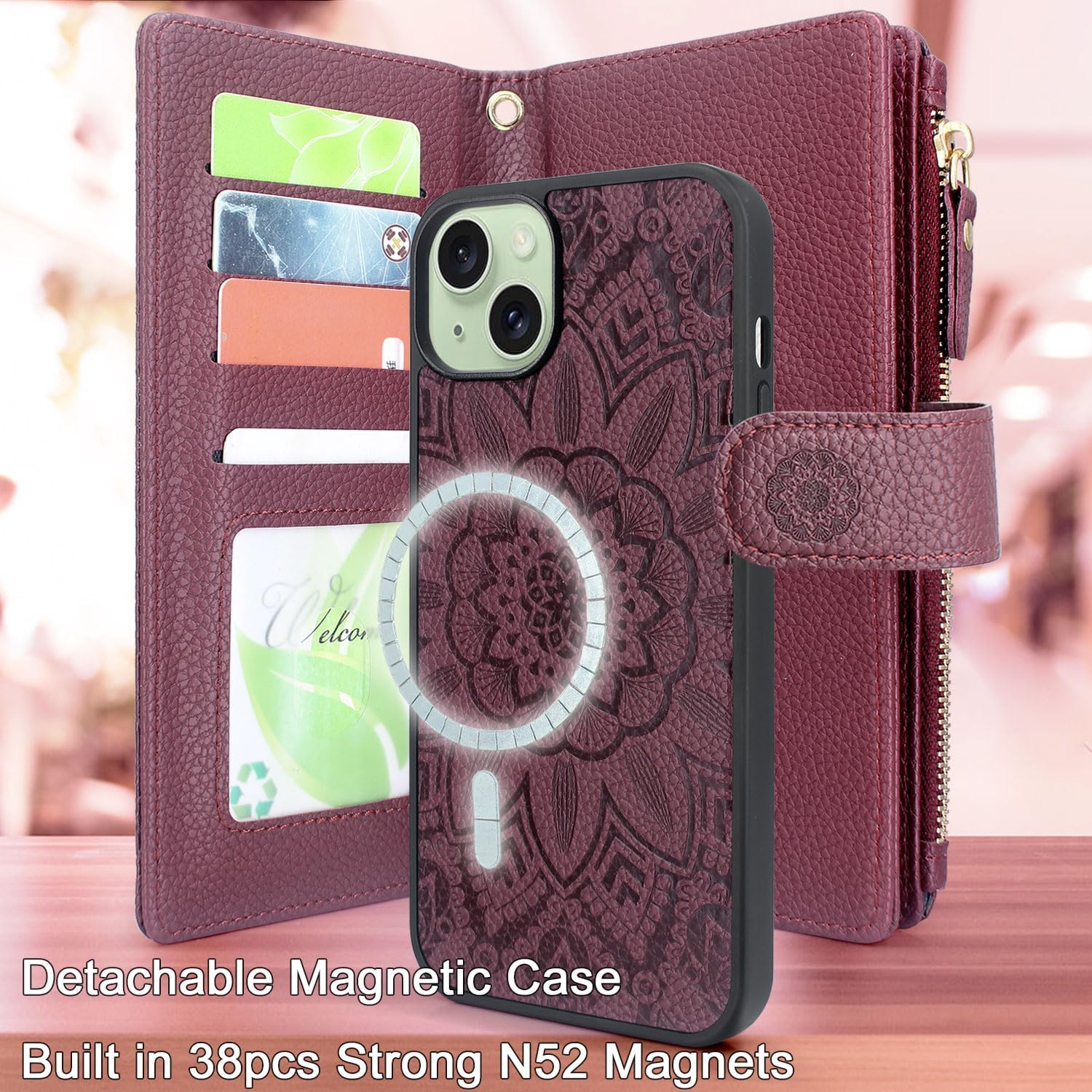 Harryshell Funda magnética desmontable para iPhone 15 Plus14 Plus compatible con MagSafe Wireless Charging Phone Cover Multi ranuras para tarjetas,
