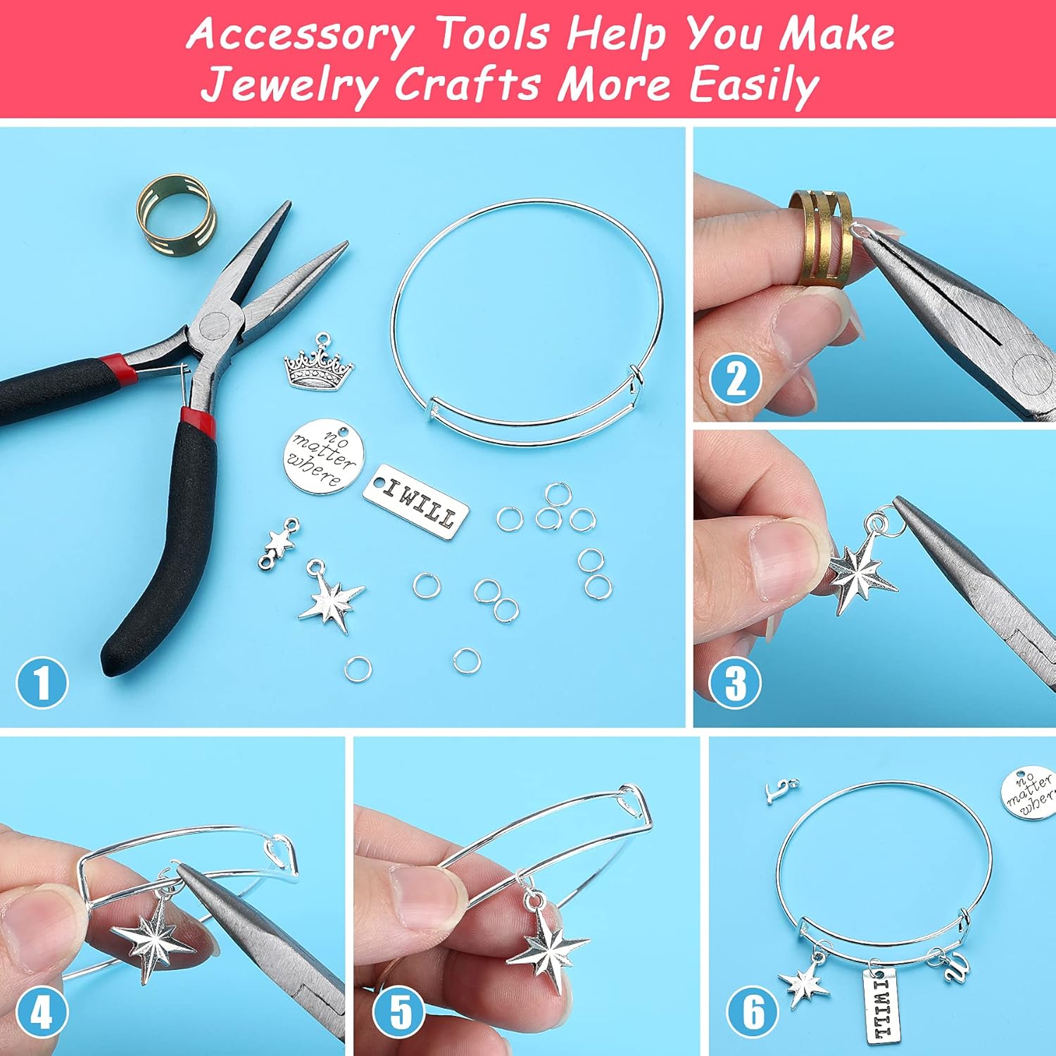 UPINS – Kit de 544 piezas para hacer aretes de pulsera, brazaletes en blanco expandibles con dijes, colgantes de plata tibetana, ganchos para