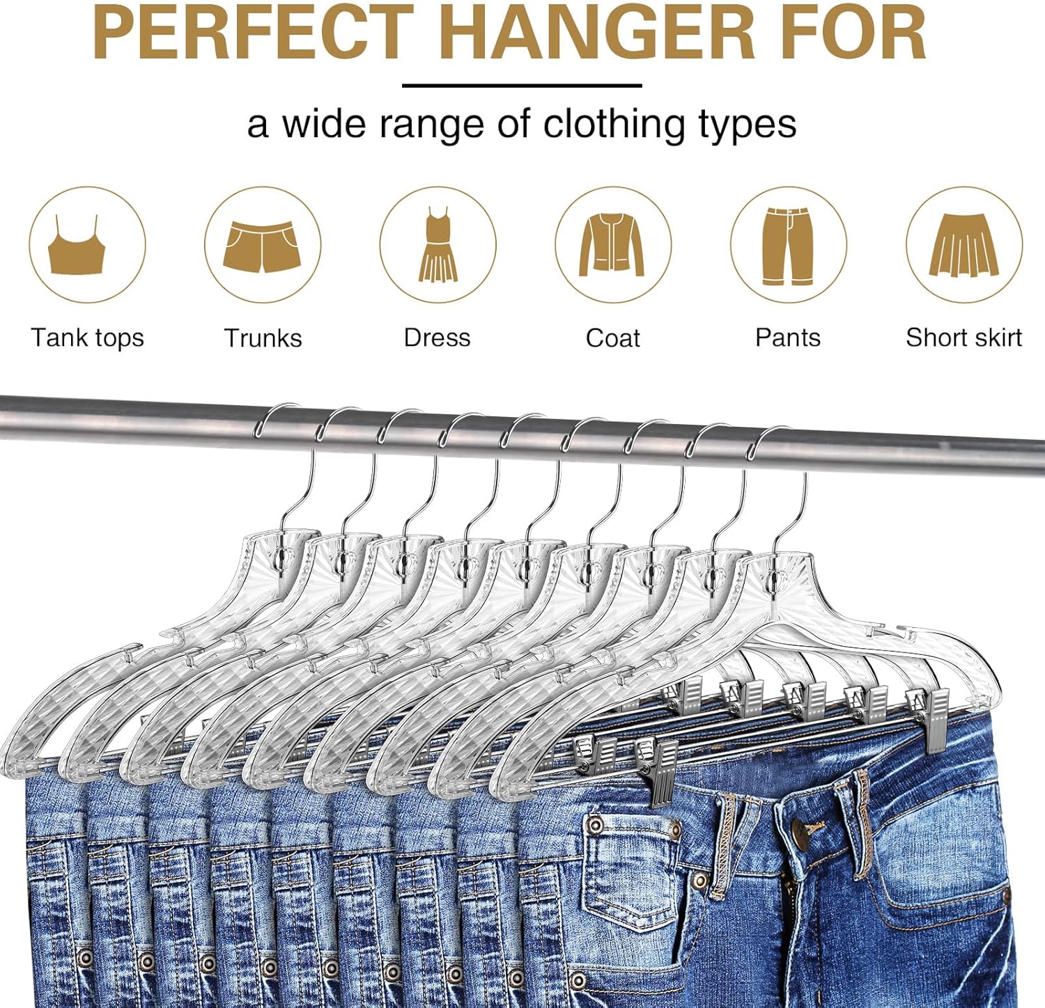 Wesiti Paquete de 60 perchas transparentes para ropa a granel de 17 pulgadas, perchas de plástico con corte de cristal, perchas para abrigos,