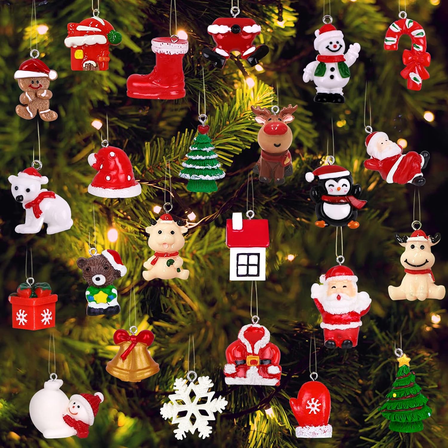YUJUN Juego de 24 mini adornos de Navidad de resina para decoración de árbol de Navidad, pequeñas figuras en miniatura de resina 3D para decoración