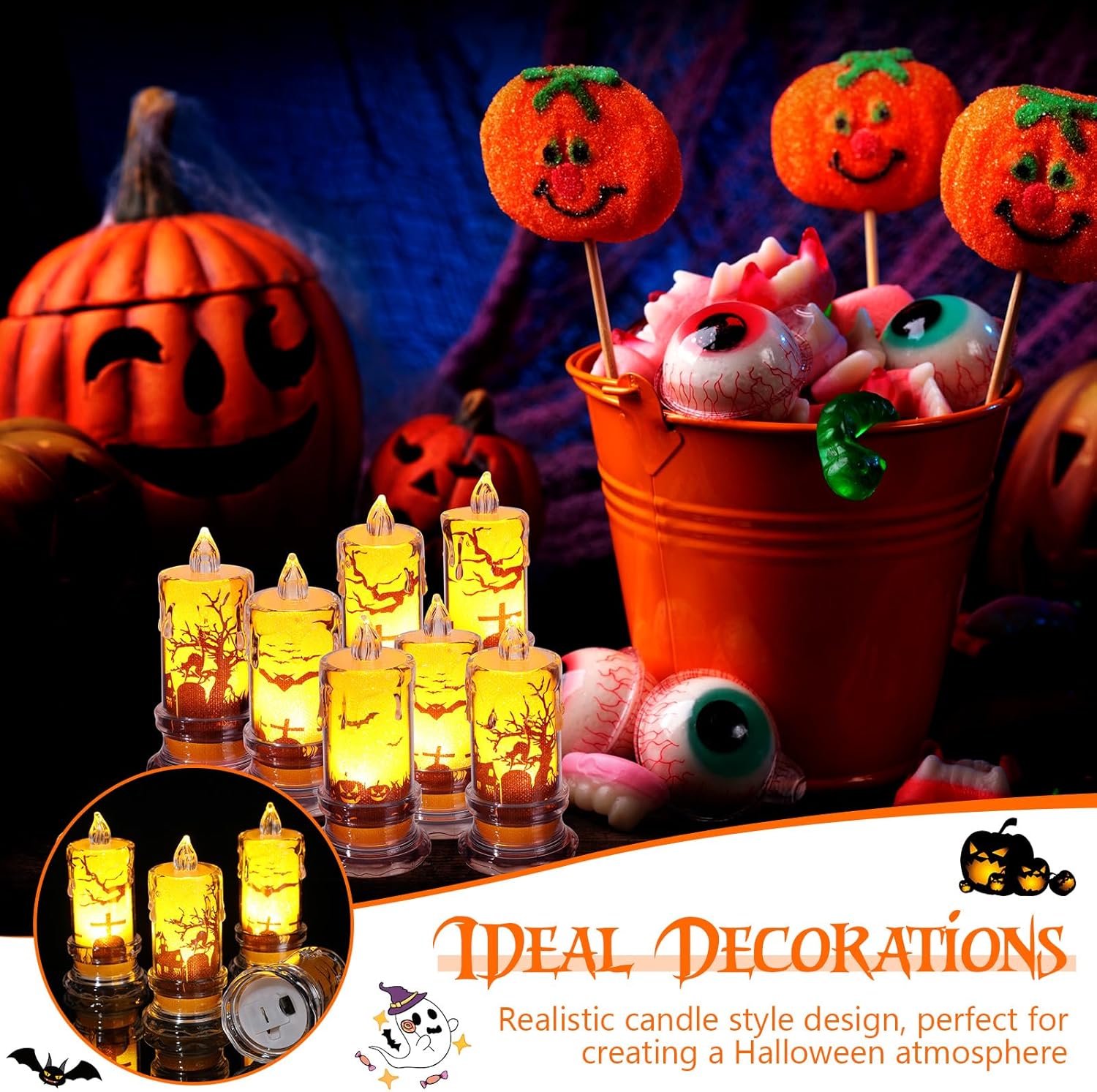 LOYIM 12 velas de Halloween sin llama que funcionan con pilas, velas LED 3D de luz cálida, velas de pilar de cristal con piedra sepulcral y gato