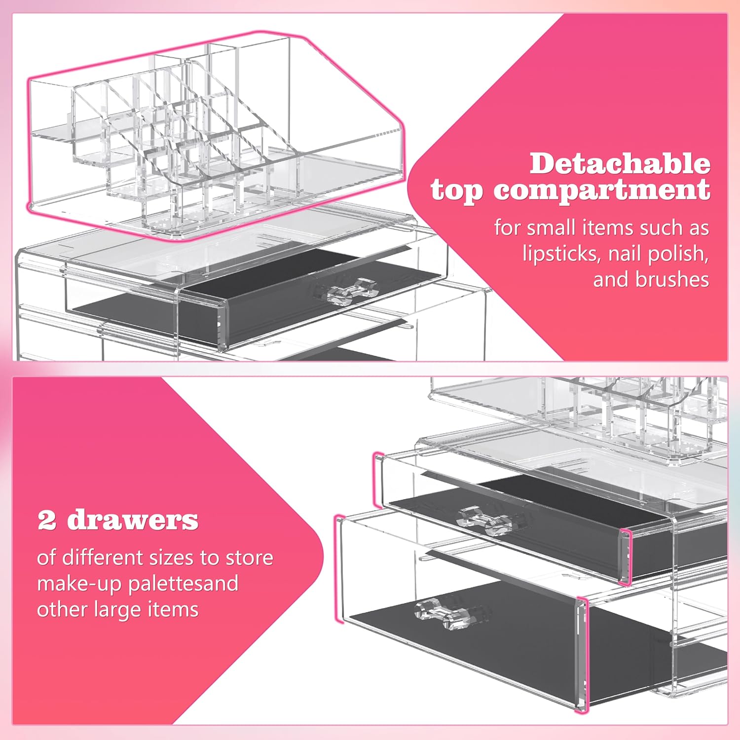Harmon Wandyer Organizador de maquillaje acrílico transparente con 2 cajones y extraíble de los soportes superiores para lápiz labial, soporte de