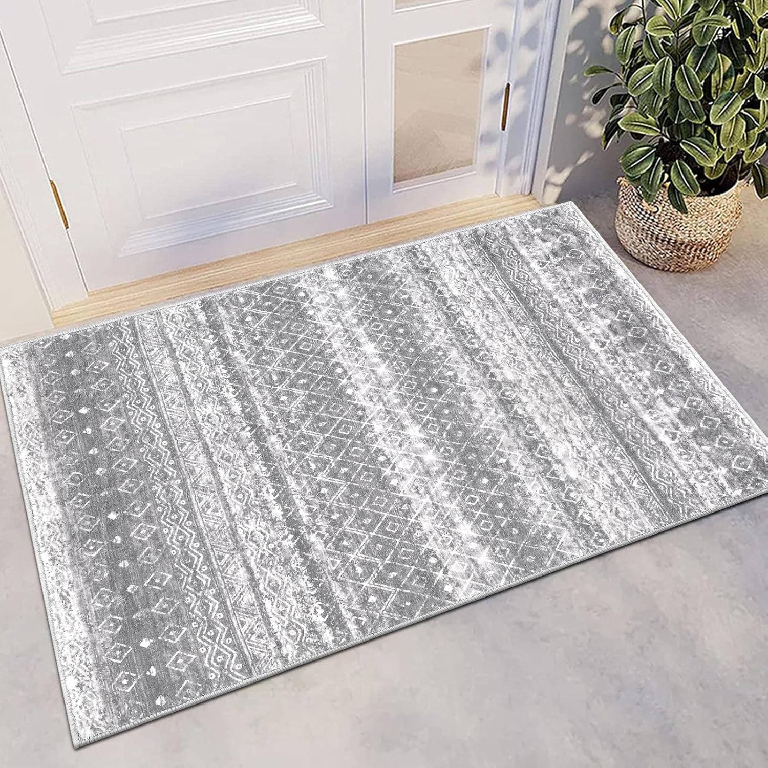 HEBE Alfombra bohemia de 2 x 3 pies, antideslizante, suave, lavable, para puerta de interior, para entrada, vintage, envejecida, con medallón, para