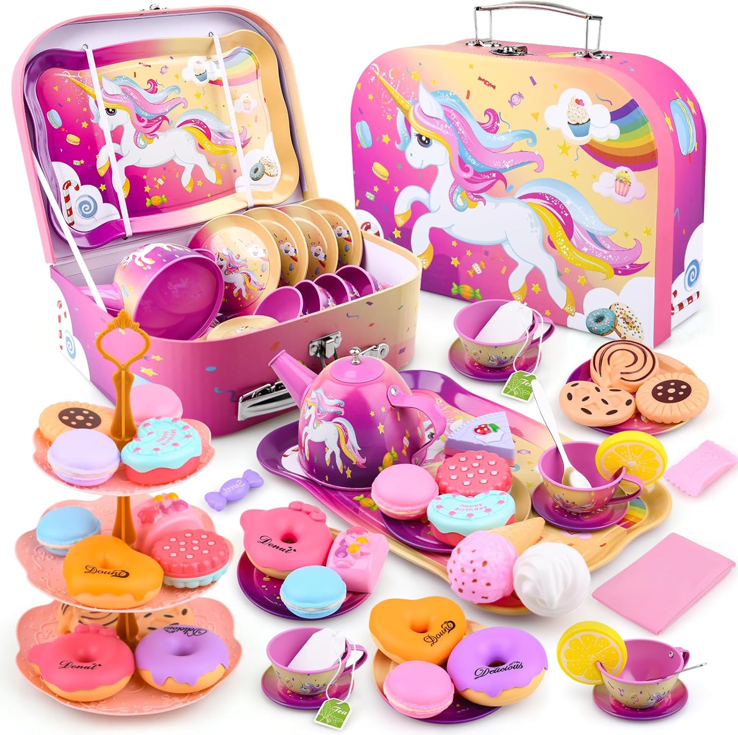 Juego de 41 piezas de fiesta de té de unicornio para niñas pequeñas, juego de tetera de hojalata, juguete de cocina con postre, dona, estuche de