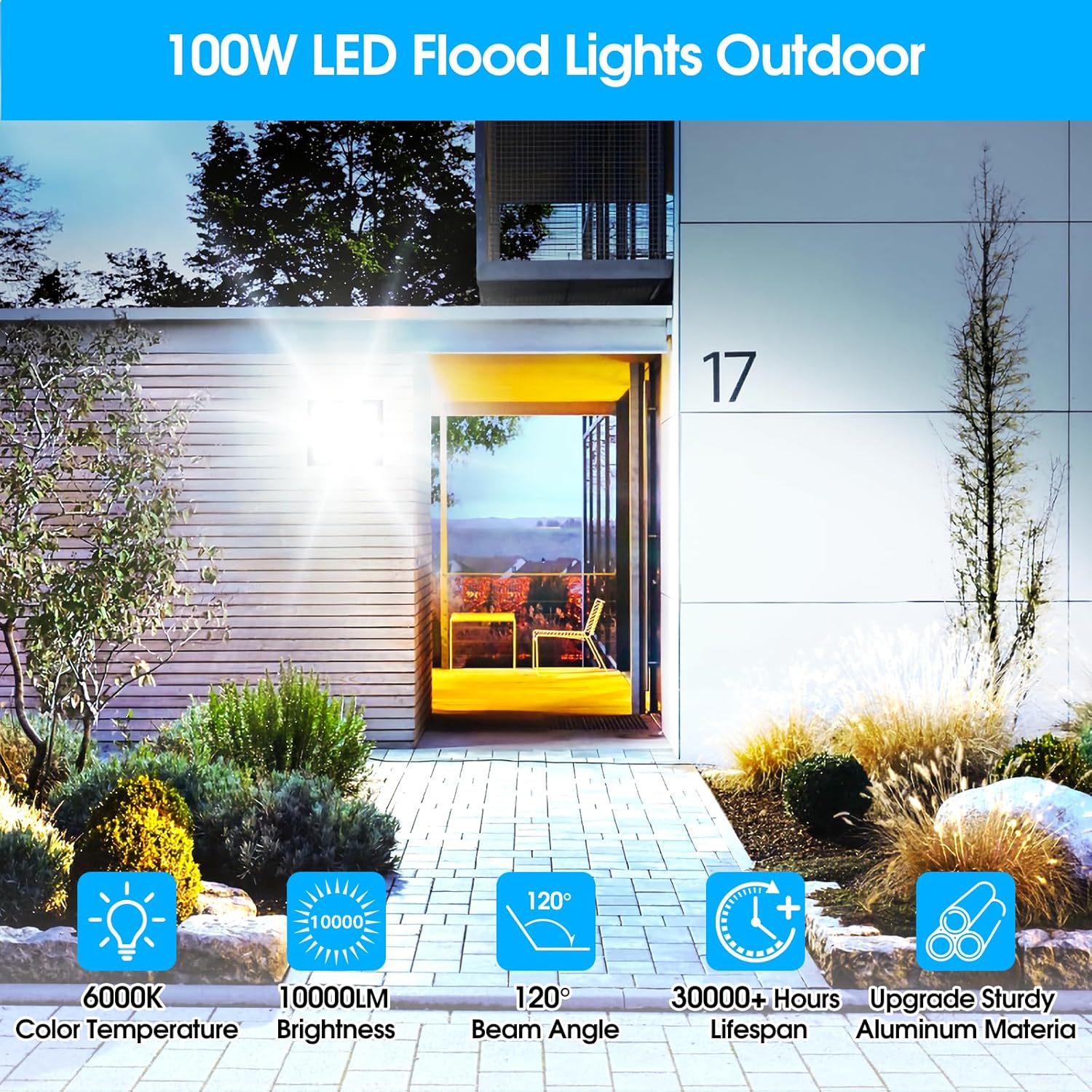 Yolovis Flood Lights Outdoor,100W 10000LM Super Bright LED Work Light,IP66 Waterproof Security Light,Outside Floodlight for Garage,6000K White,2 Pack