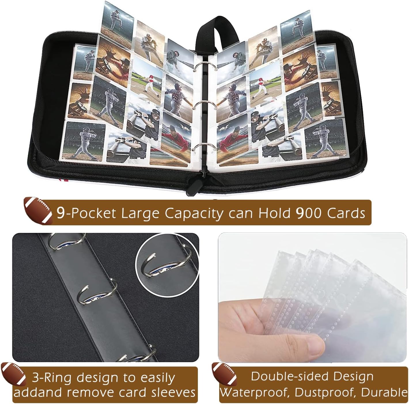 ZKXJJA Carpeta de tarjetas de fútbol con 9 bolsillos y fundas extraíbles, capacidad para 900 tarjetas