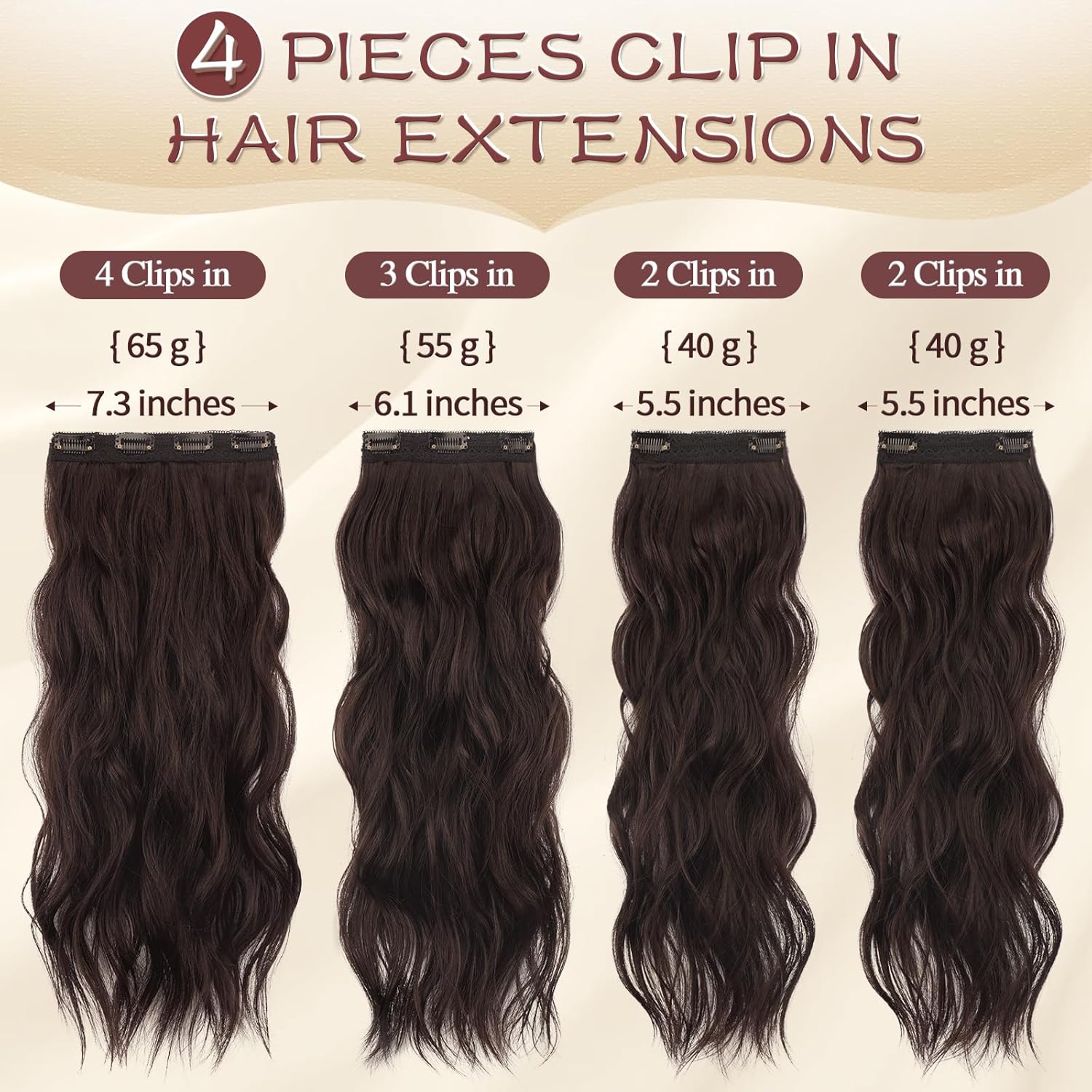 SOFEIYAN Extensiones de cabello con clip, 4 piezas, extensiones de cabello sintético largo ondulado marrón oscuro, extensiones de cabello sintético